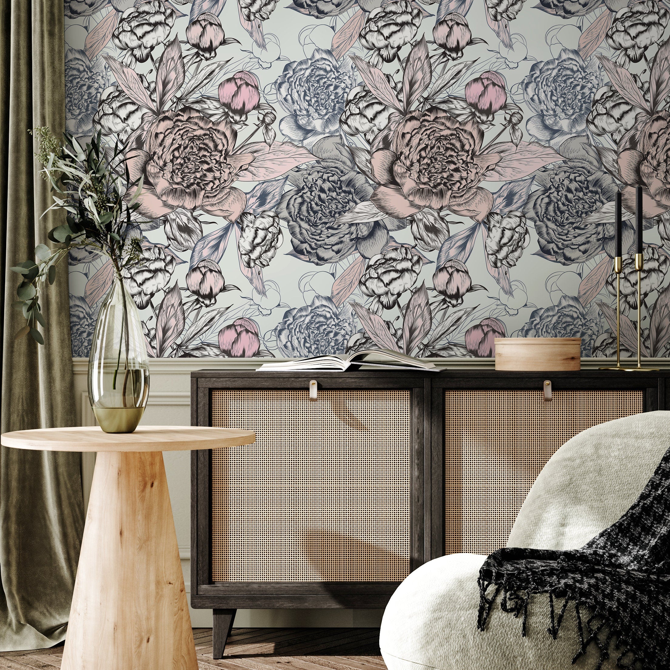 Floral Wallpaper With An Engraved Peony Design In Pink, Blue, And Black - B879