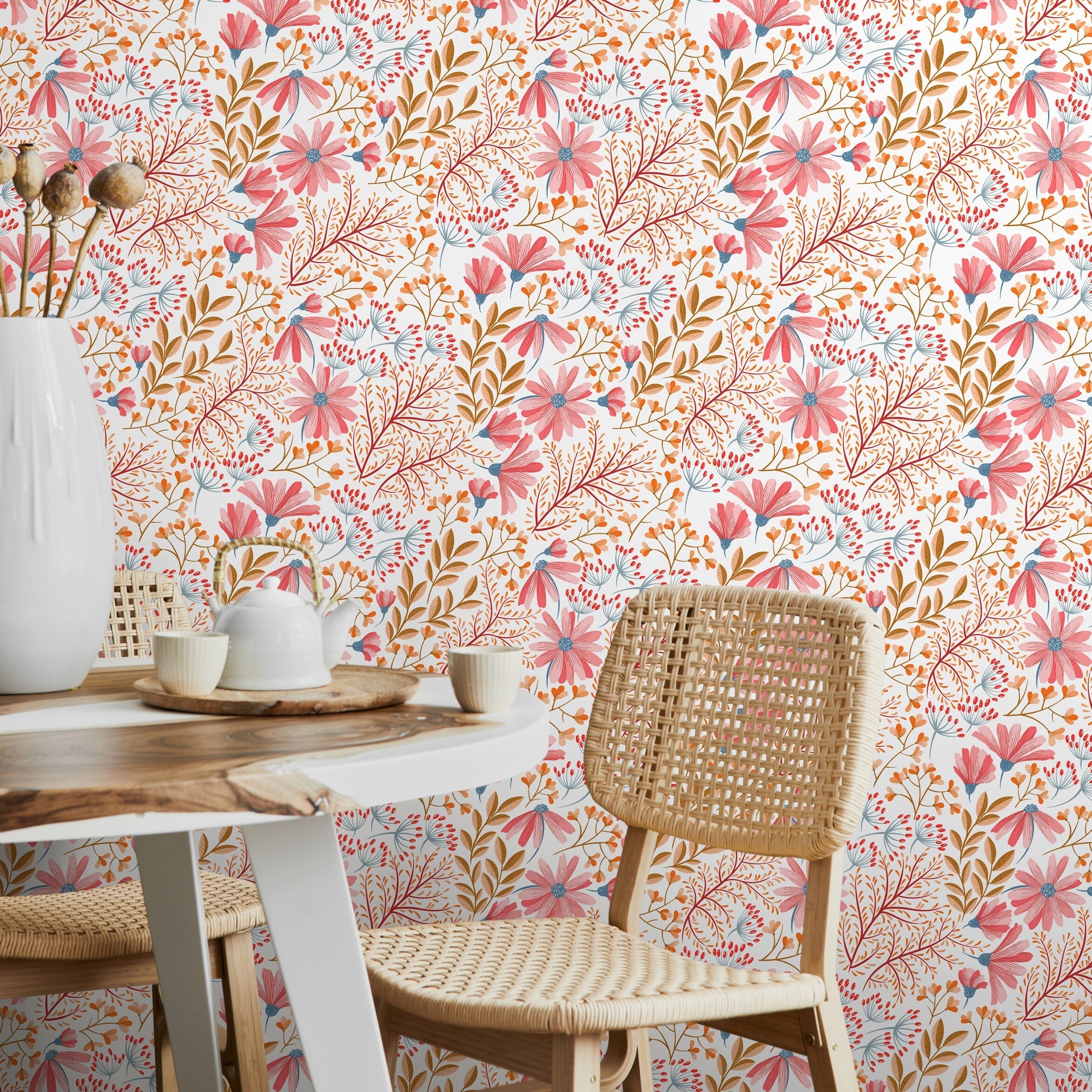 Floral Wallpaper With Stylized Wildflowers In Pink, Orange, And Blue - B896