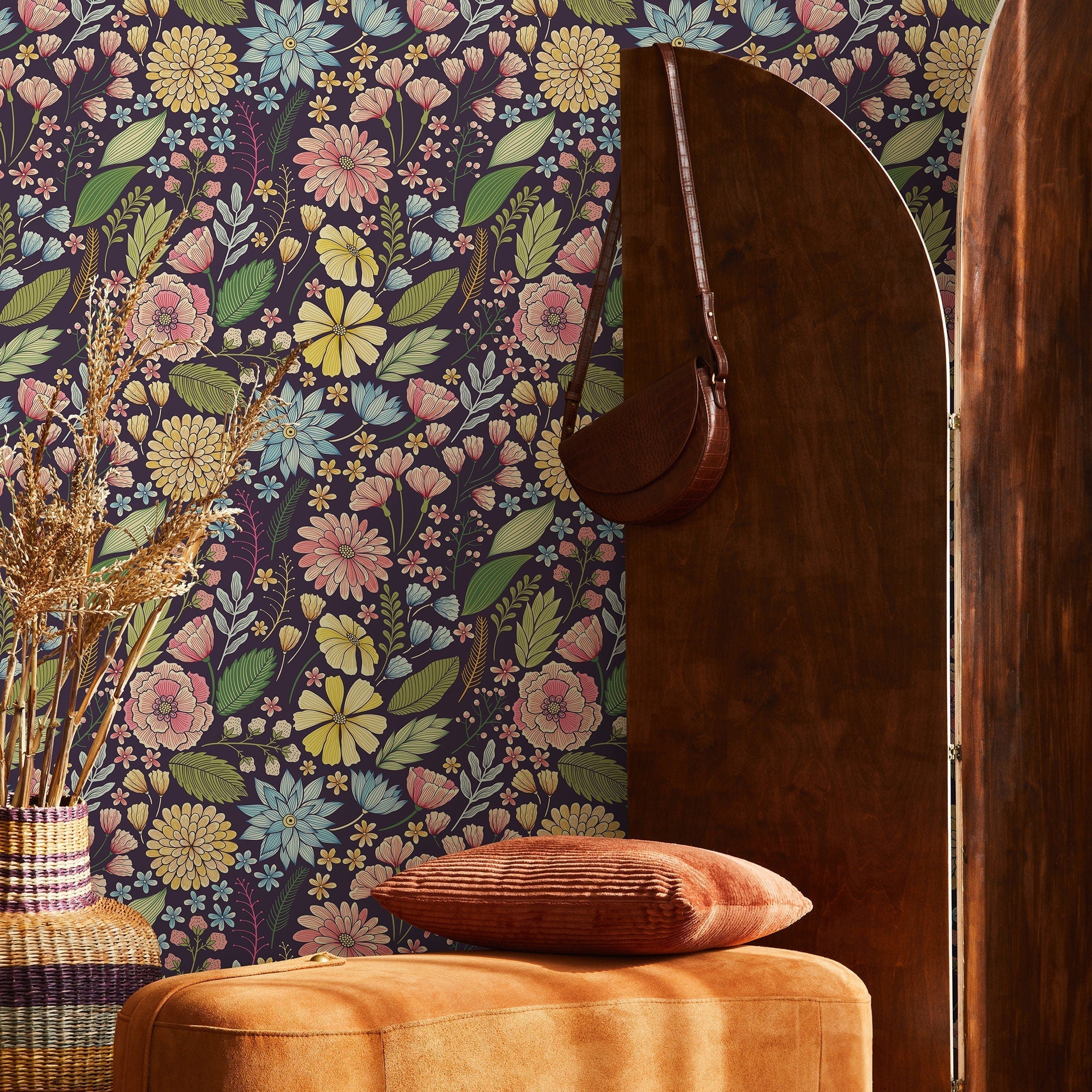 Floral Wallpaper With A Vintage Meadow Motif In Yellow, Pink, And Blue - B898