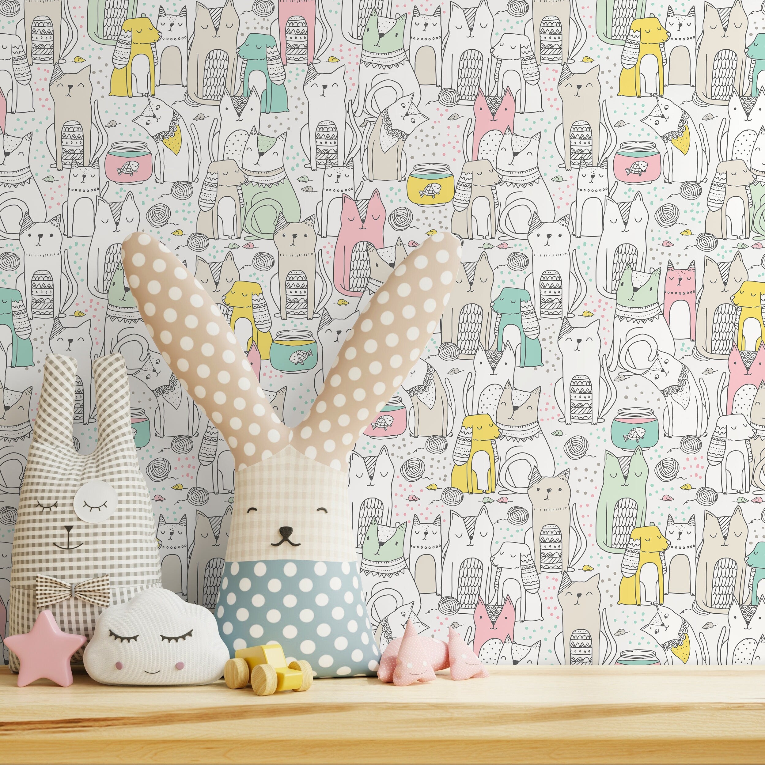 Kids Wallpaper Featuring Whimsical Cats And Dogs In Pink, Green, And Yellow - B899