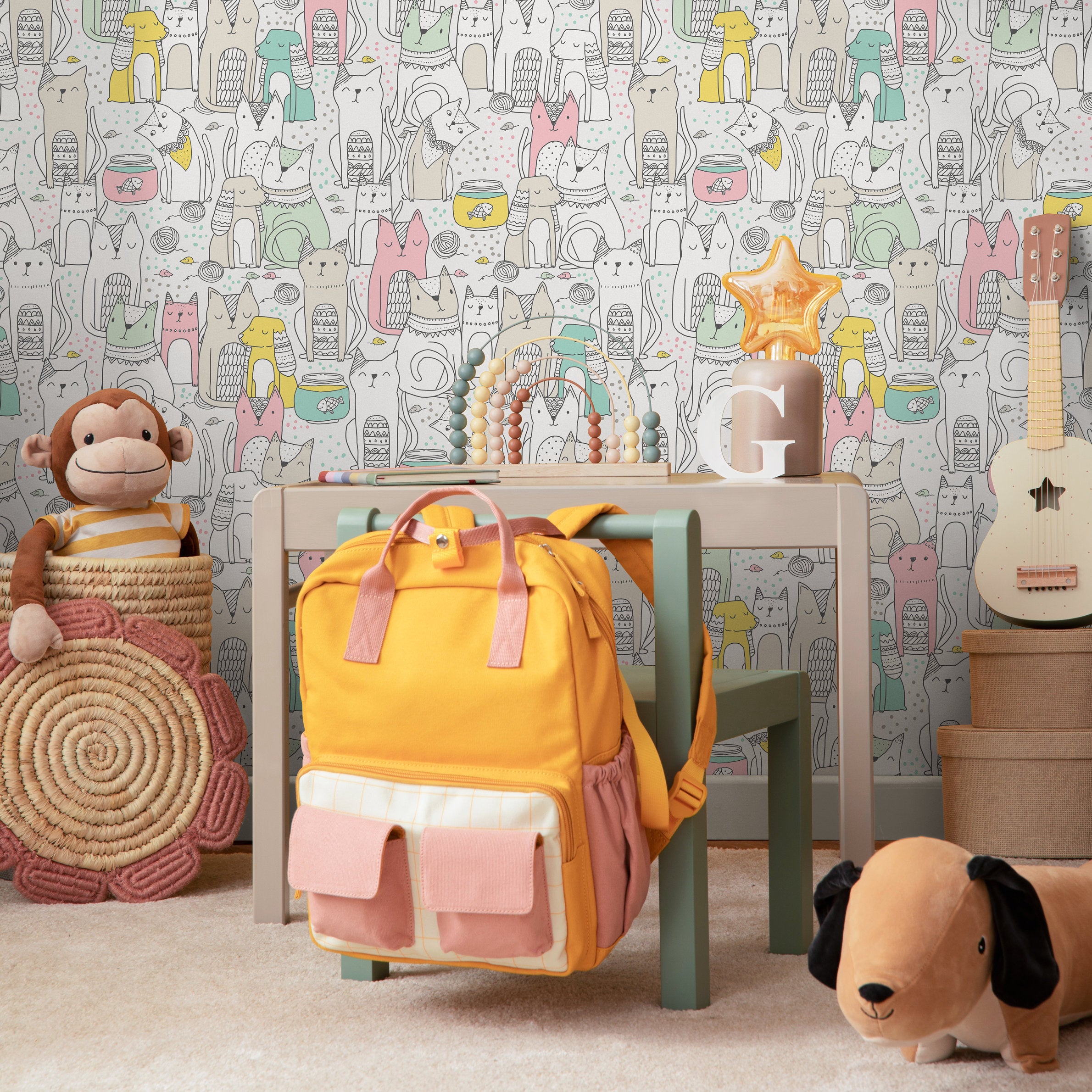 Kids Wallpaper Featuring Whimsical Cats And Dogs In Pink, Green, And Yellow - B899