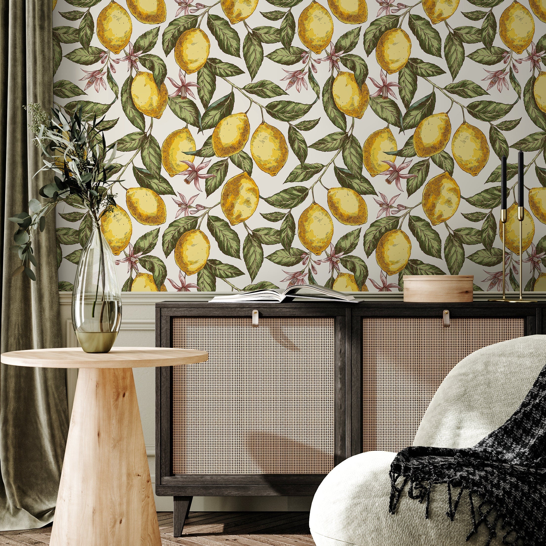 Botanical Wallpaper With A Vintage Lemon Motif In Yellow, Green, And Pink - B903