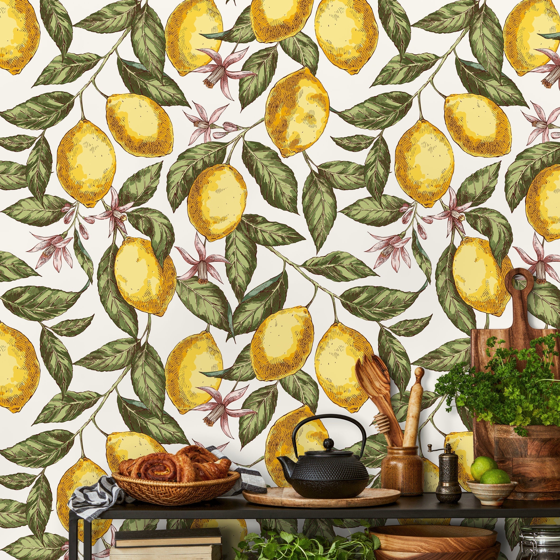 Botanical Wallpaper With A Vintage Lemon Motif In Yellow, Green, And Pink - B903