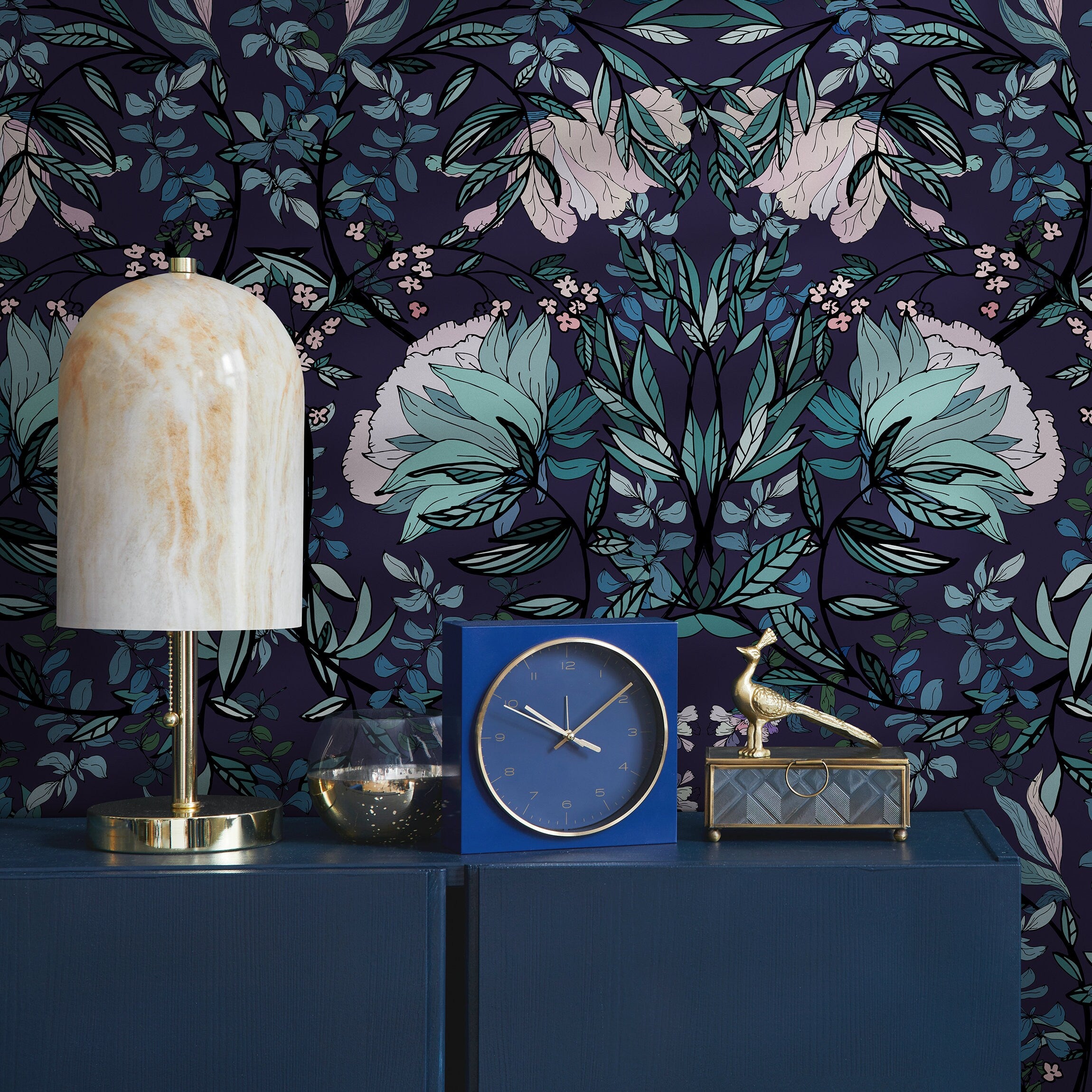 Botanical Wallpaper With A Symmetrical Floral Motif In Dark Blue, Teal, And Pink - B912
