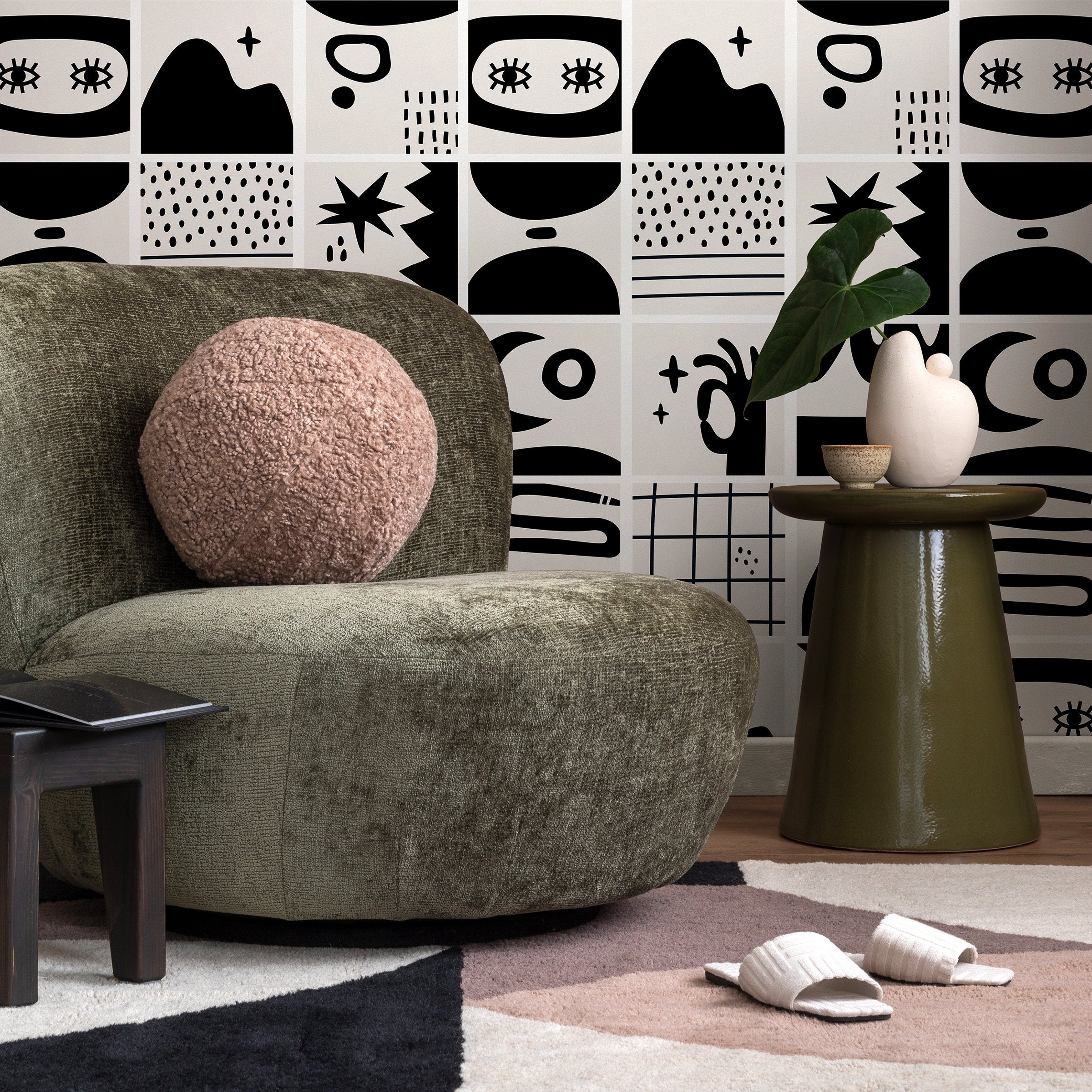 Abstract Wallpaper With Tiled Hand-drawn Motifs In Black And Light Gray - B923