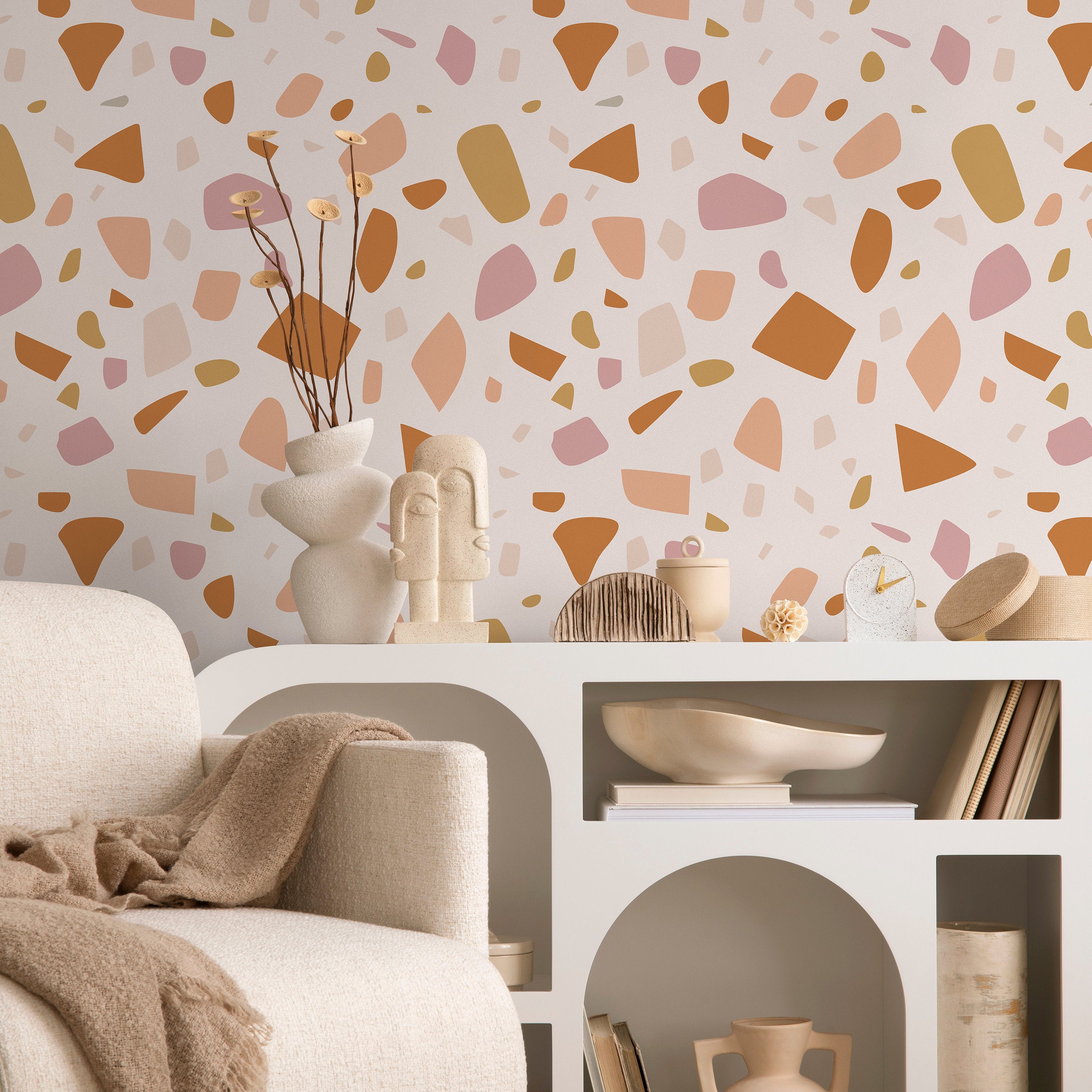 Terrazzo Wallpaper With An Organic Chip Motif In Orange, Pink, And Yellow - B933