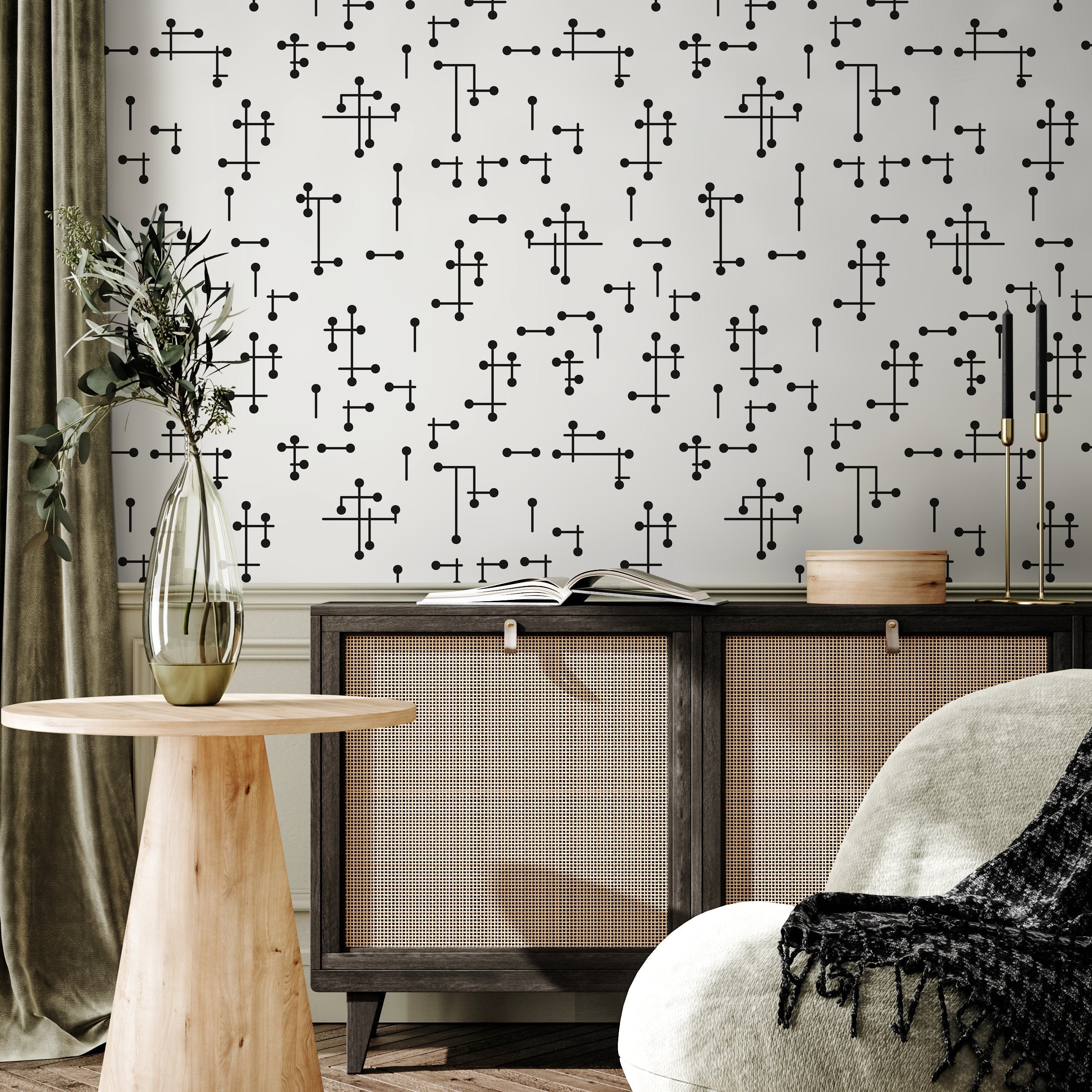 Geometric Wallpaper With A Mid-century Line And Dot Motif In Black And White - B969