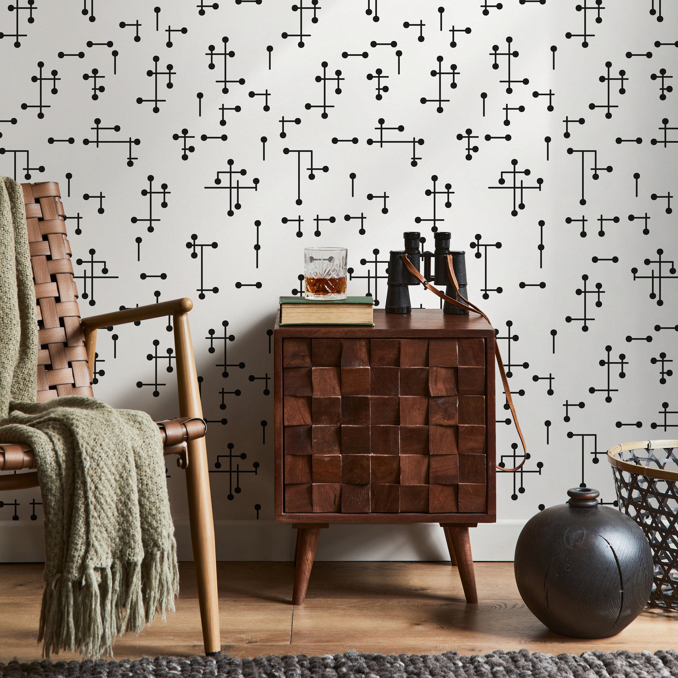 Geometric Wallpaper With A Mid-century Line And Dot Motif In Black And White - B969