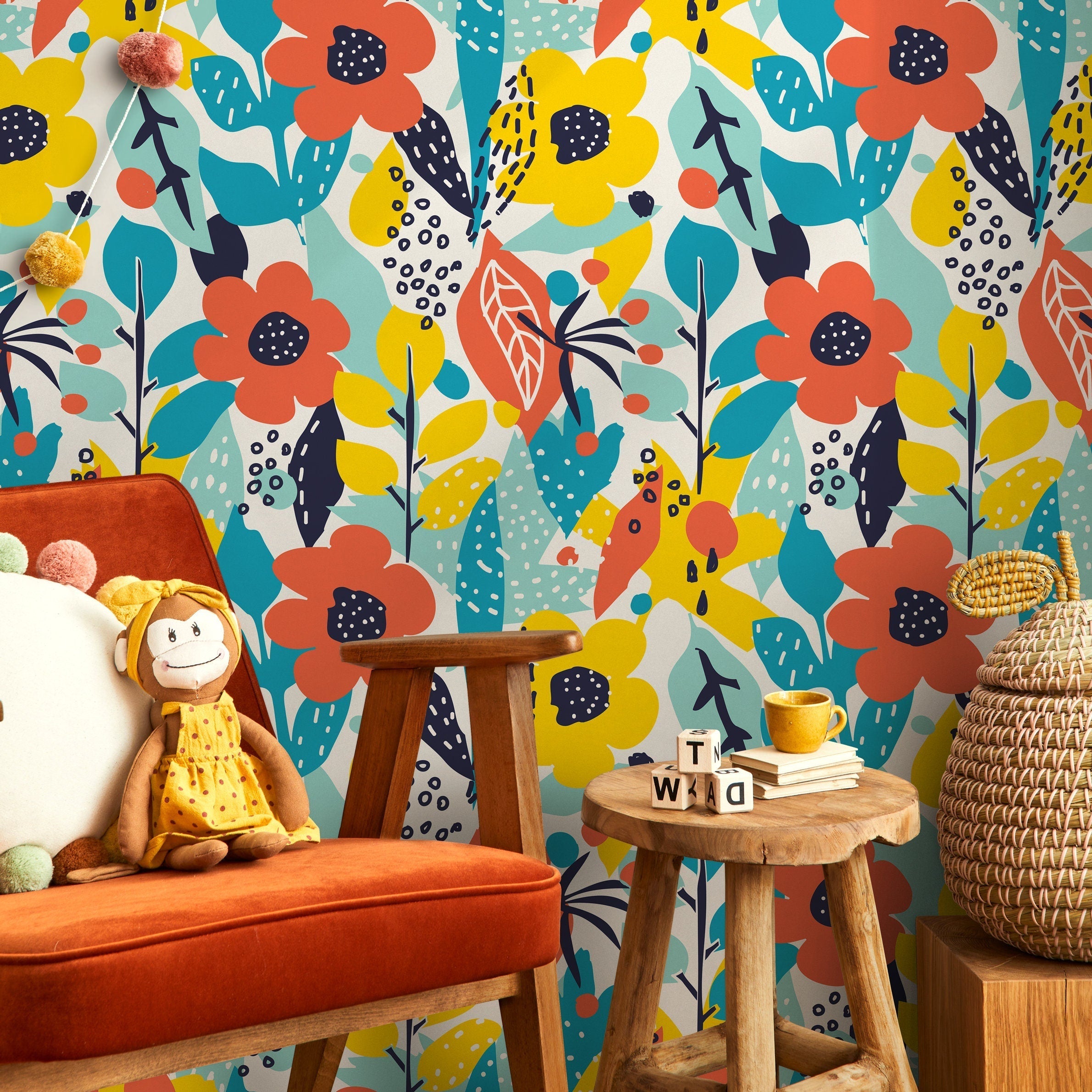 Abstract Wallpaper With Pop Art Flowers In Orange, Yellow, And Teal - B991