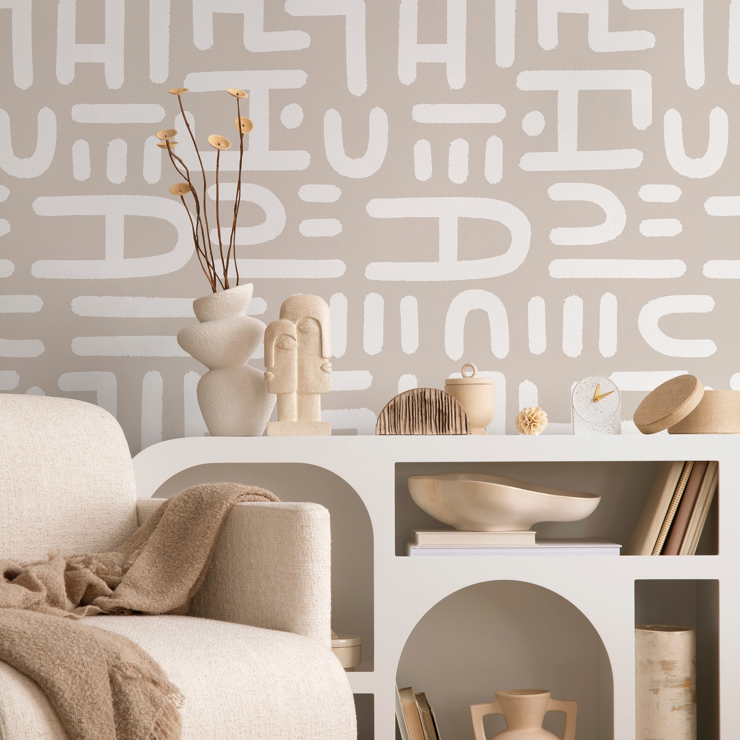 Abstract Wallpaper With Hand-drawn Geometric Forms In Beige And White - B994