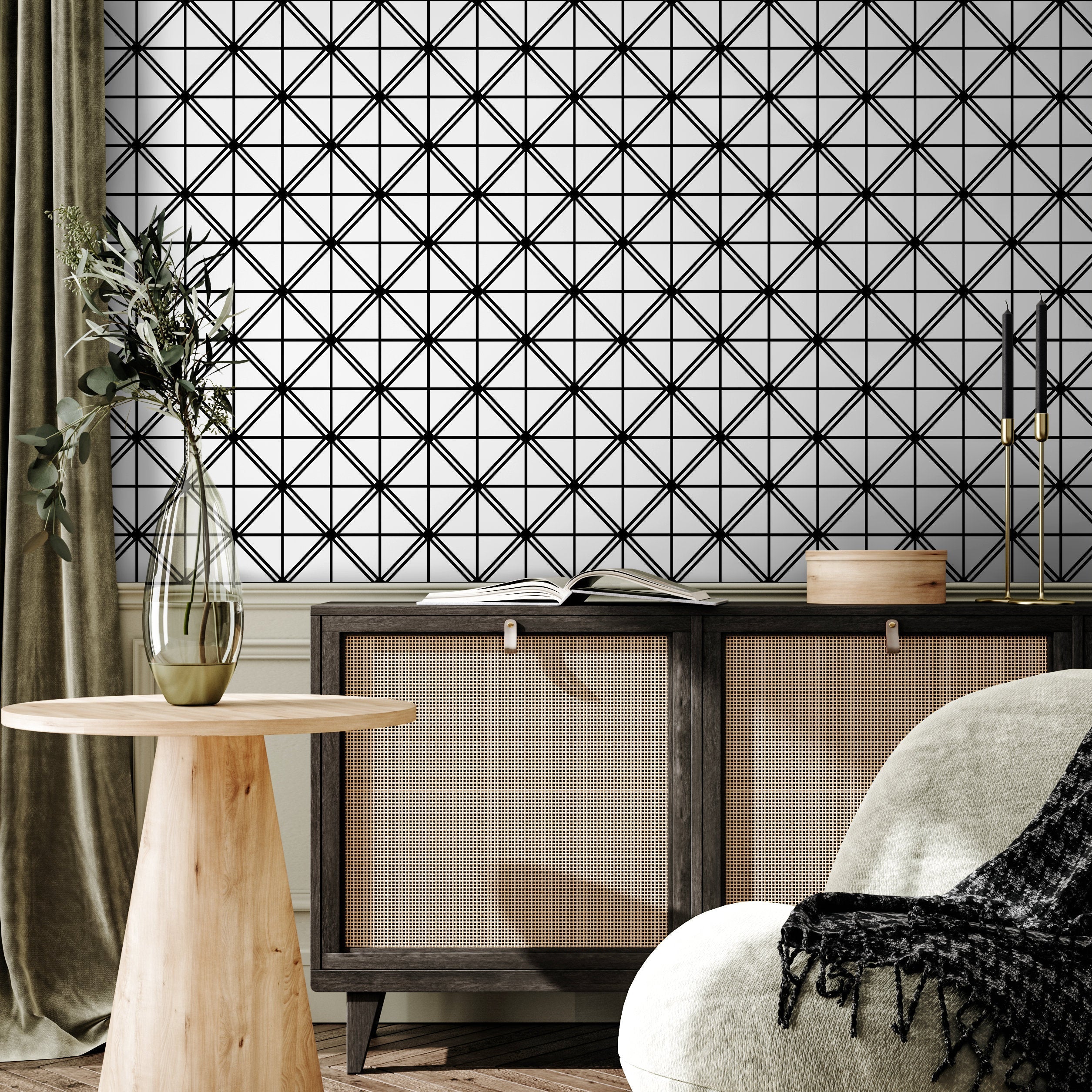 Geometric Wallpaper With A Diagonal Grid Motif In Black And White - B145