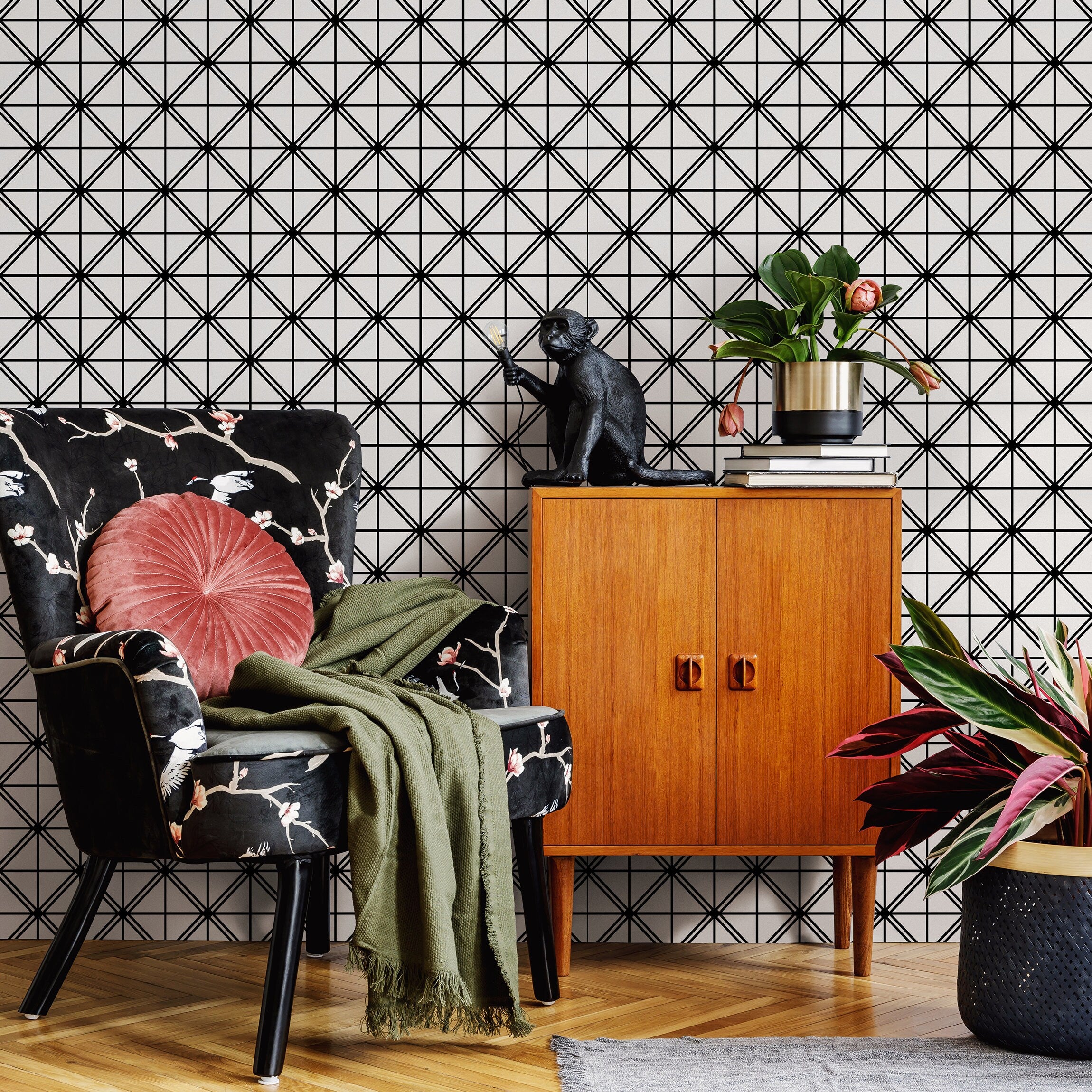 Geometric Wallpaper With A Diagonal Grid Motif In Black And White - B145