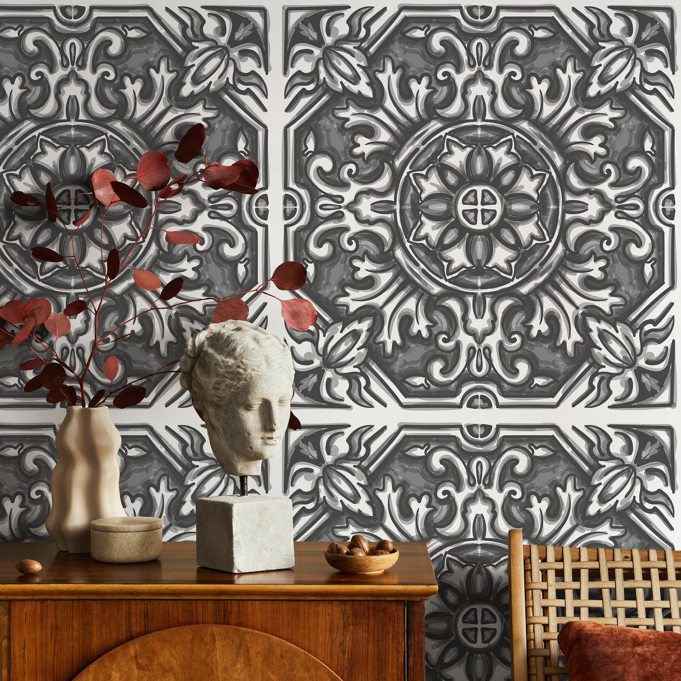 Tile Wallpaper With A Hand-sketched Baroque Motif In Black And Gray - B148