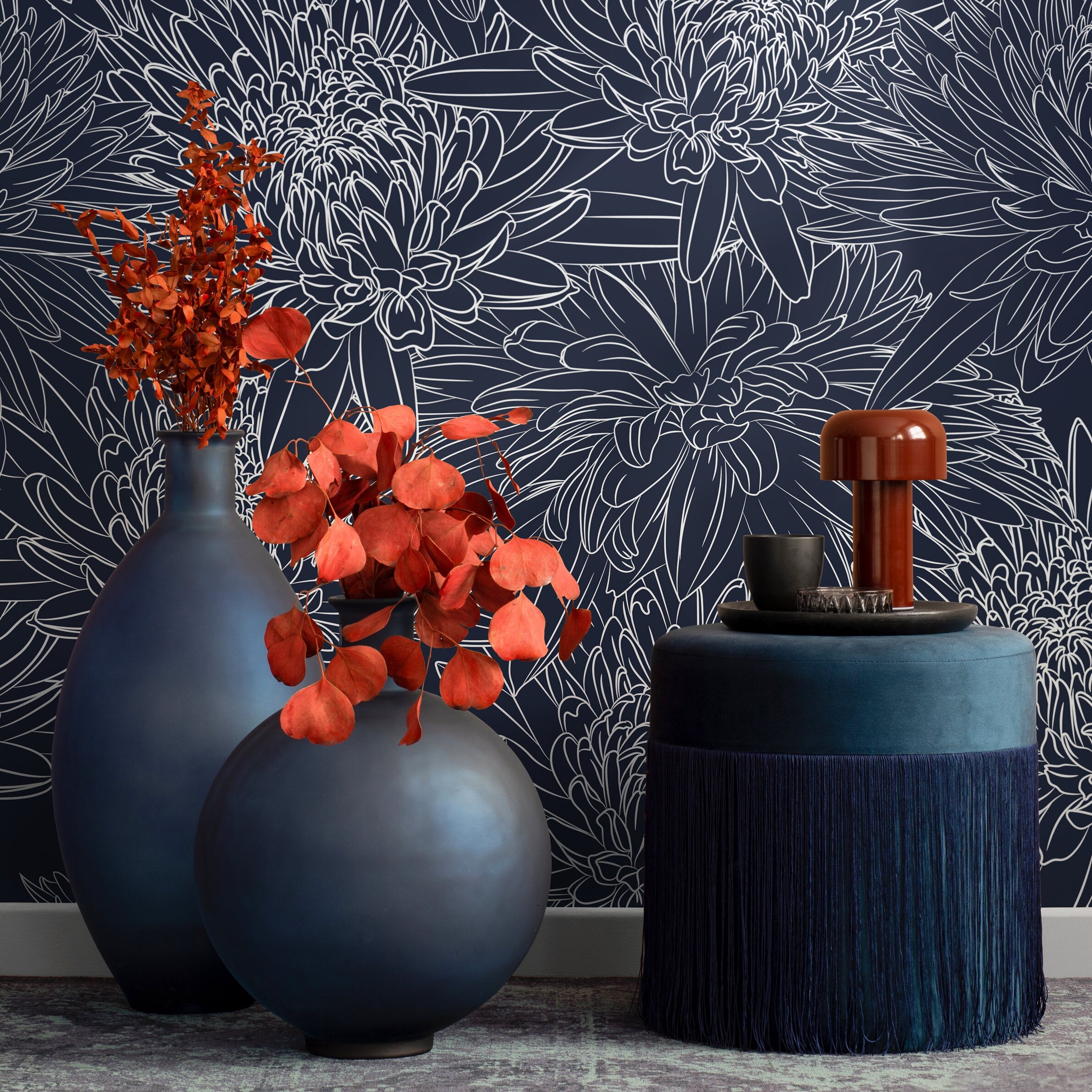 Floral Wallpaper With Chrysanthemum Line Art In Navy Blue And White - B149