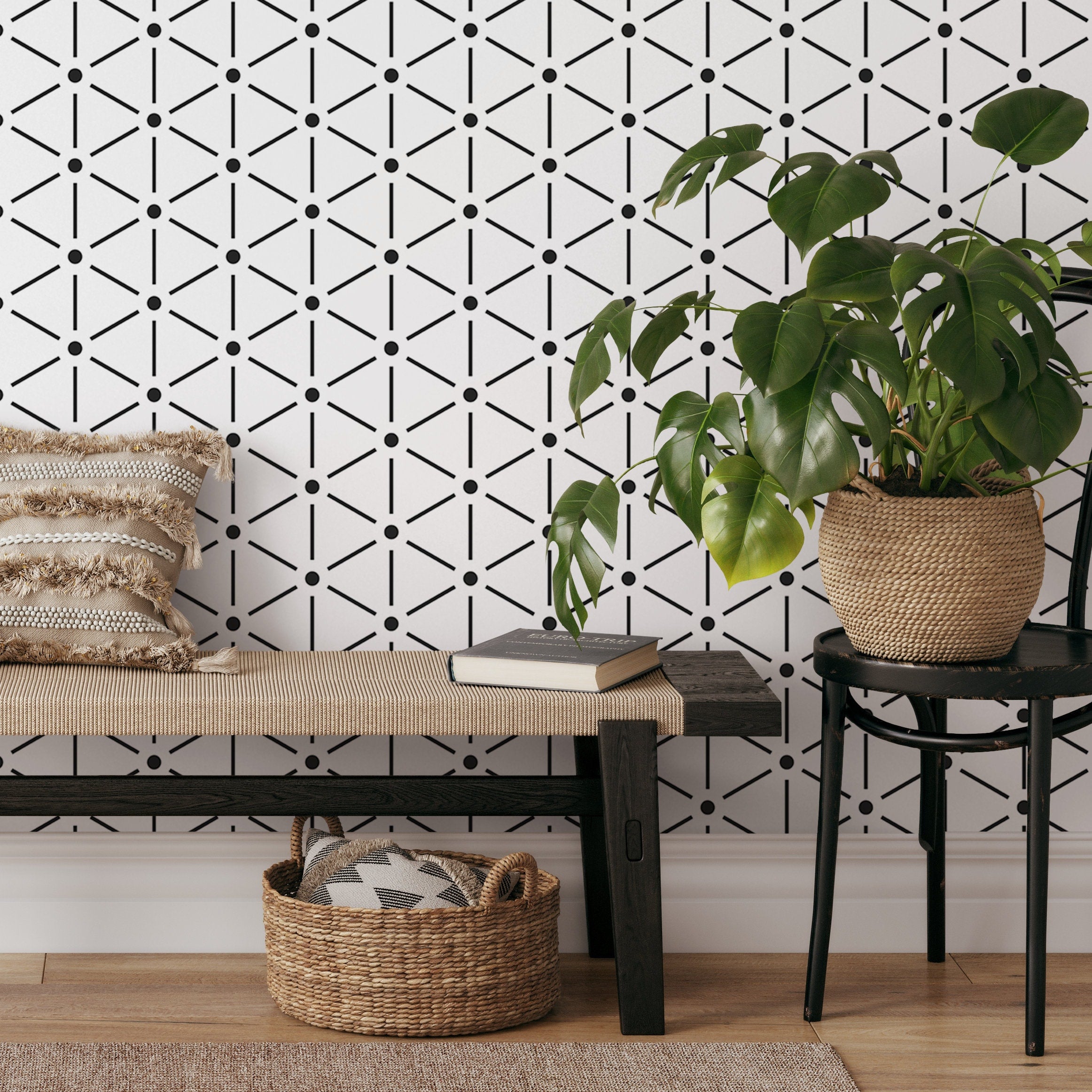 Geometric Wallpaper With A Modern Triangle Grid In Black And White - B155