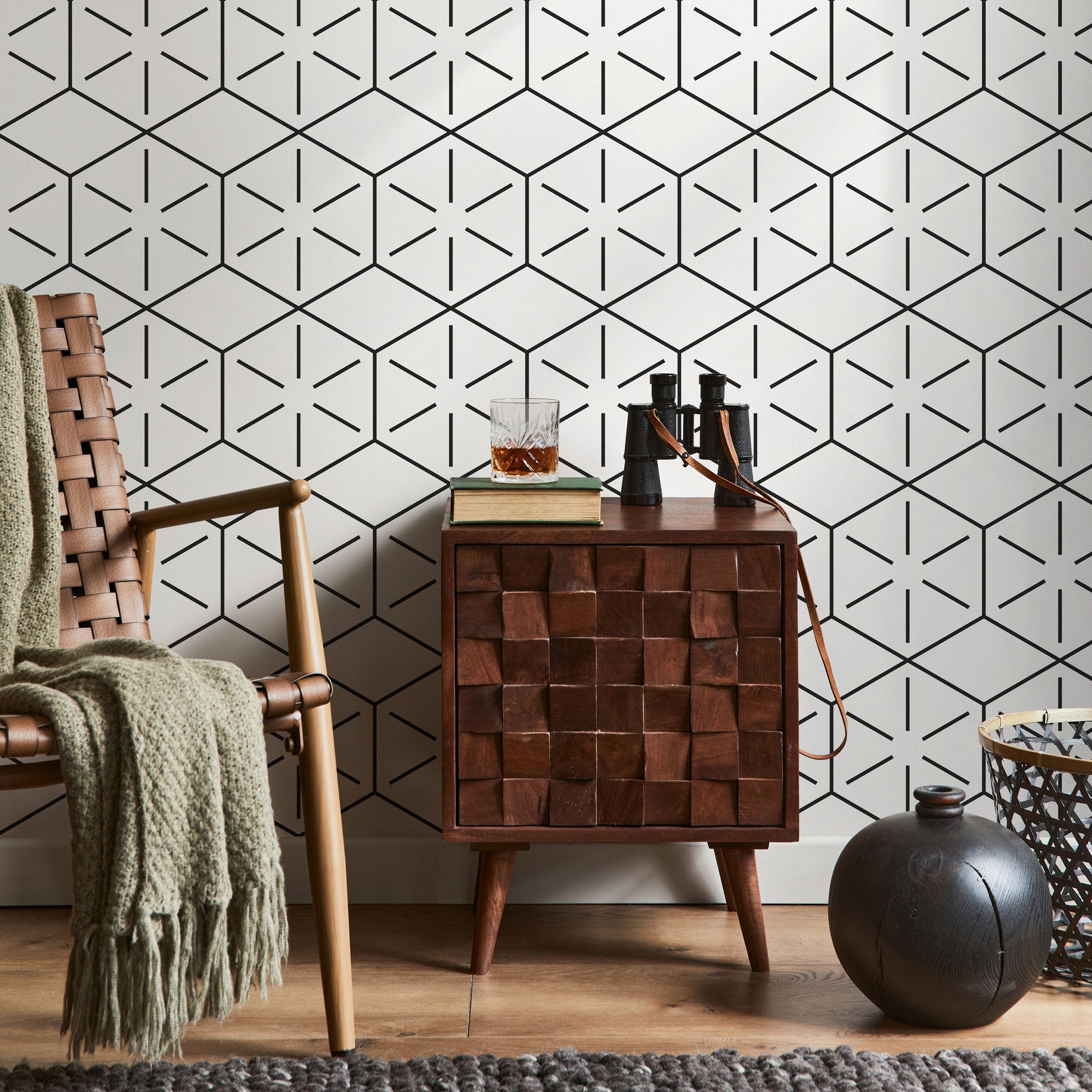 Geometric Wallpaper With A Linear Hexagon Pattern In Black - B157