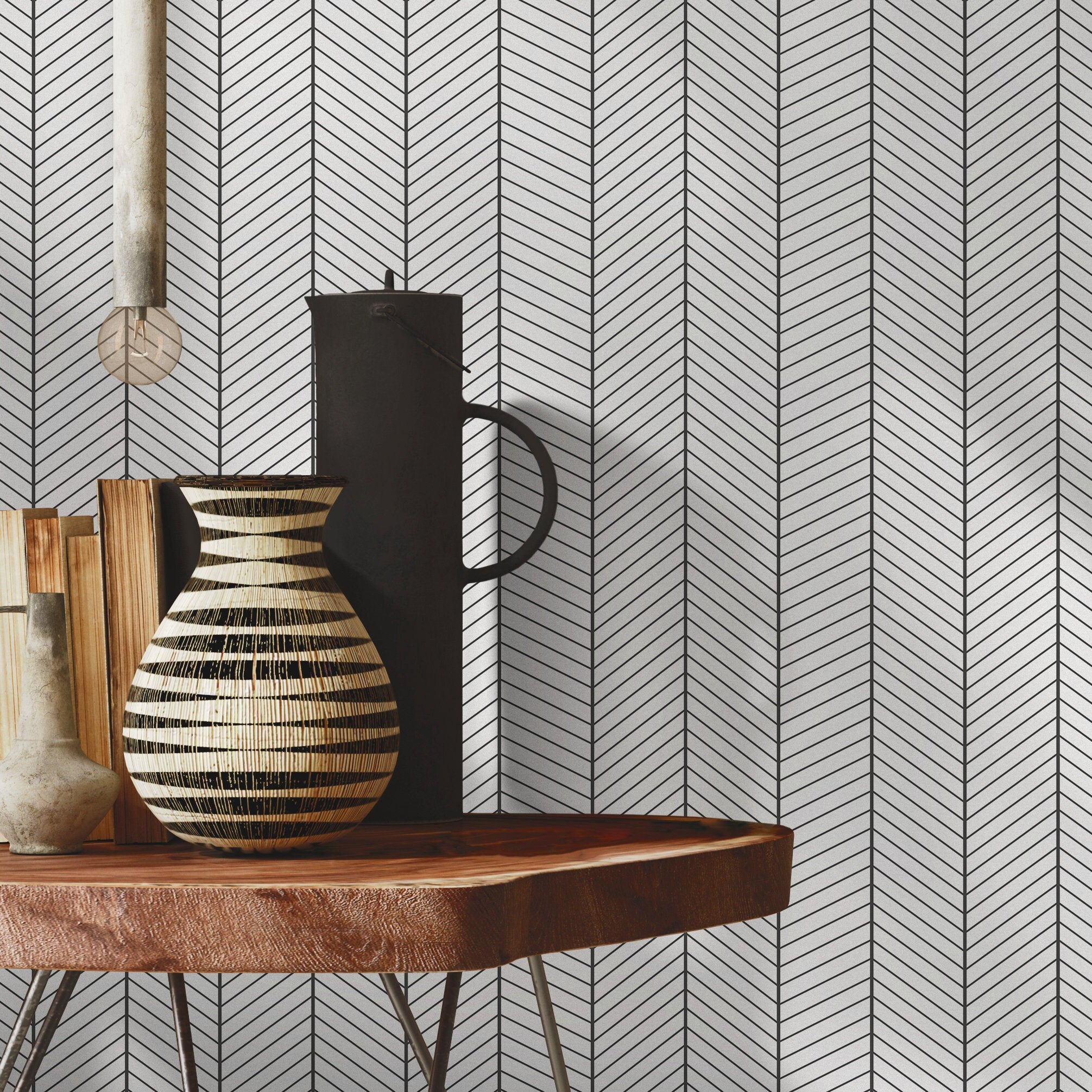 Geometric Wallpaper With A Thin Line Herringbone Motif In Black And Gray - B274