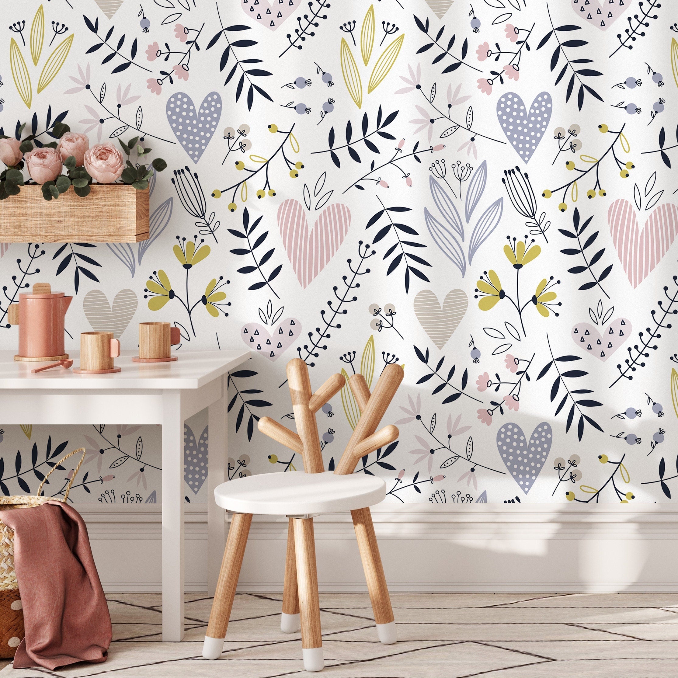 Botanical Wallpaper With Whimsical Hearts And Flowers In Pink, Blue, And Yellow - B275