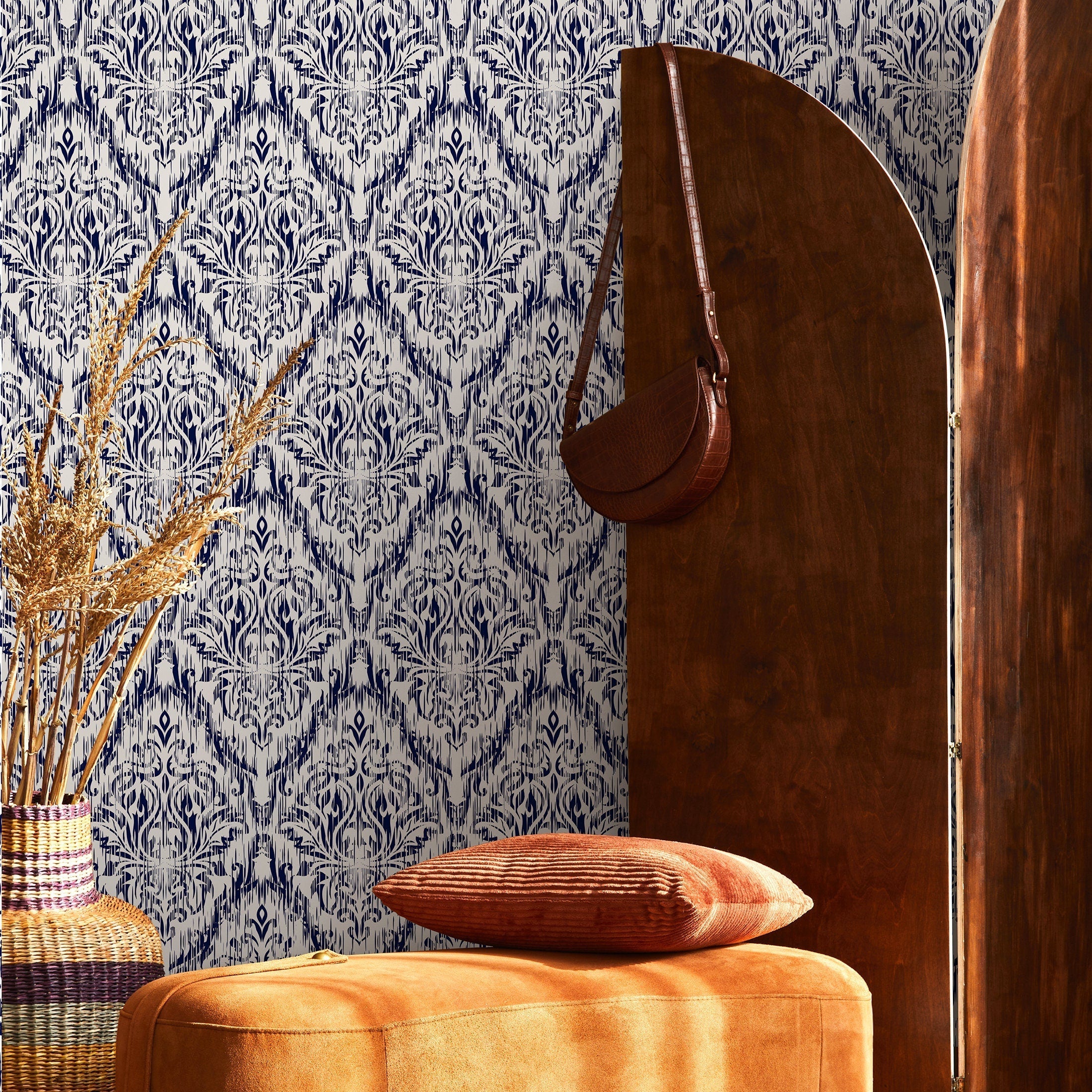 Ikat Wallpaper With A Modern Damask Motif In Navy Blue And White - B277