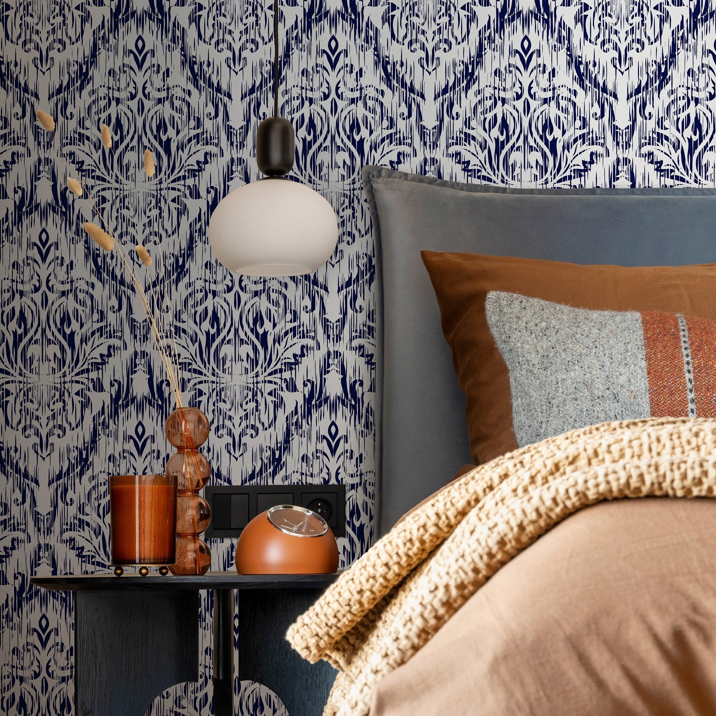 Ikat Wallpaper With A Modern Damask Motif In Navy Blue And White - B277