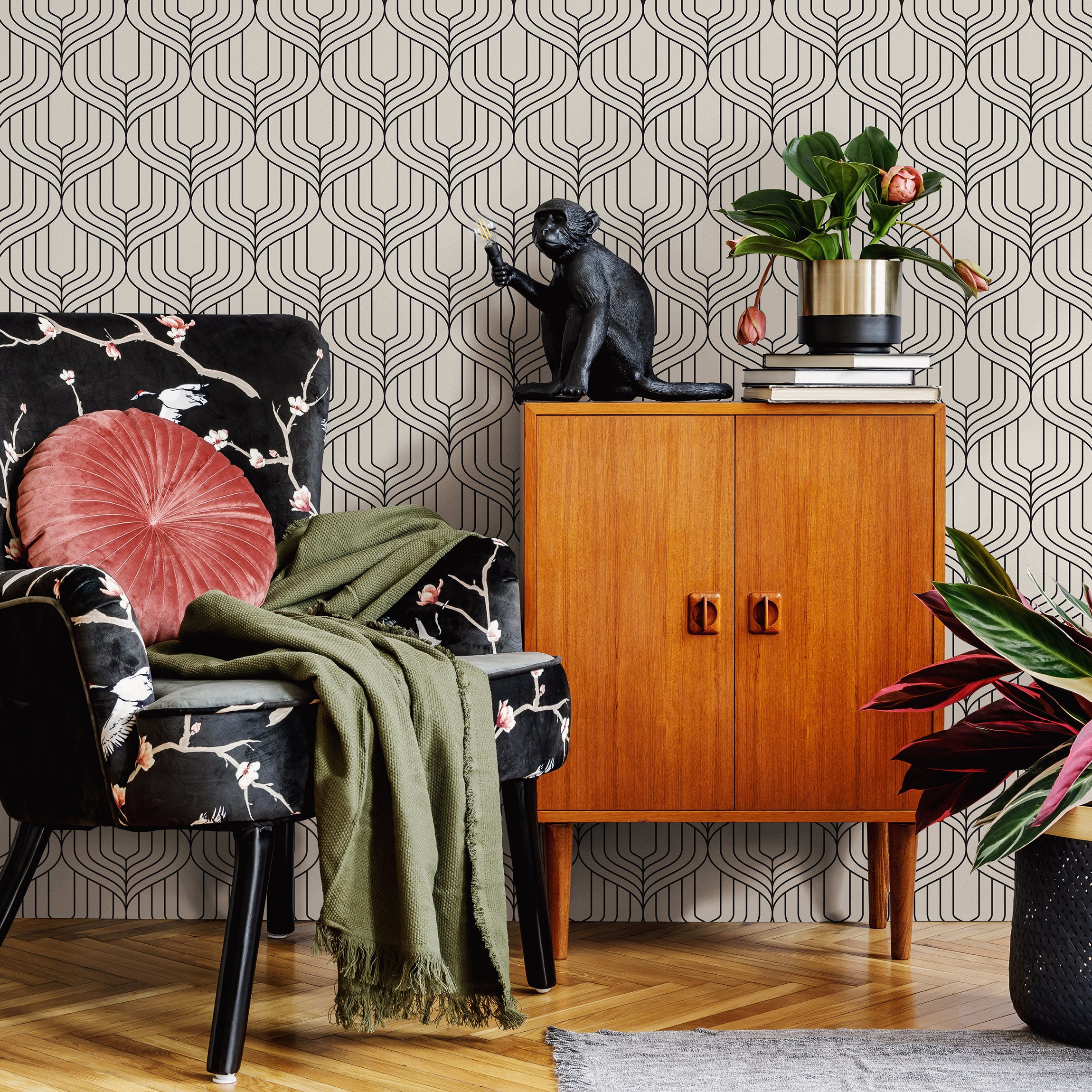Art Deco Wallpaper With Rhythmic Interlocking Lines In Black And Cream - B287
