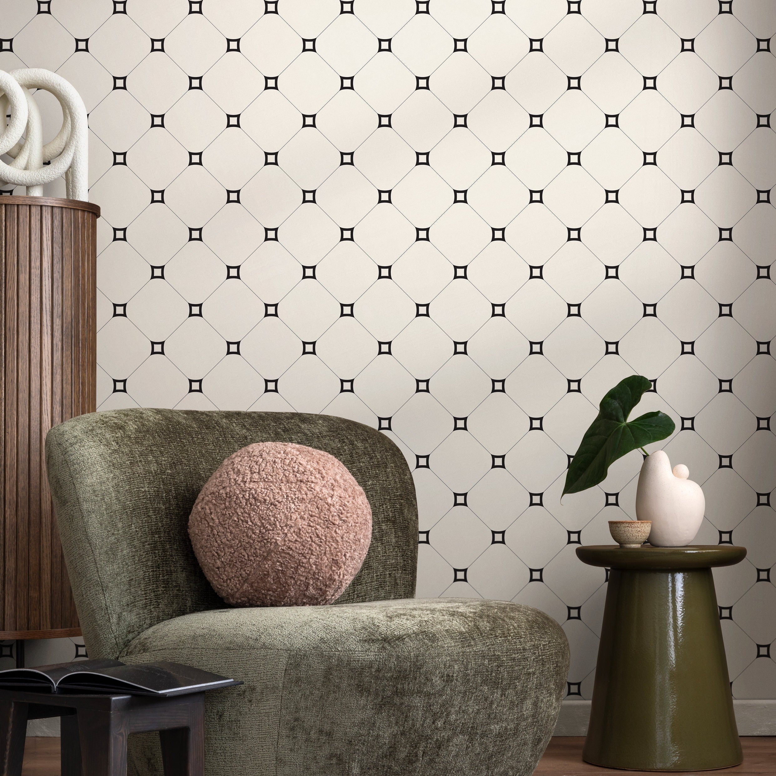 Geometric Wallpaper With A Minimalist Tile Grid In Black And White - B288