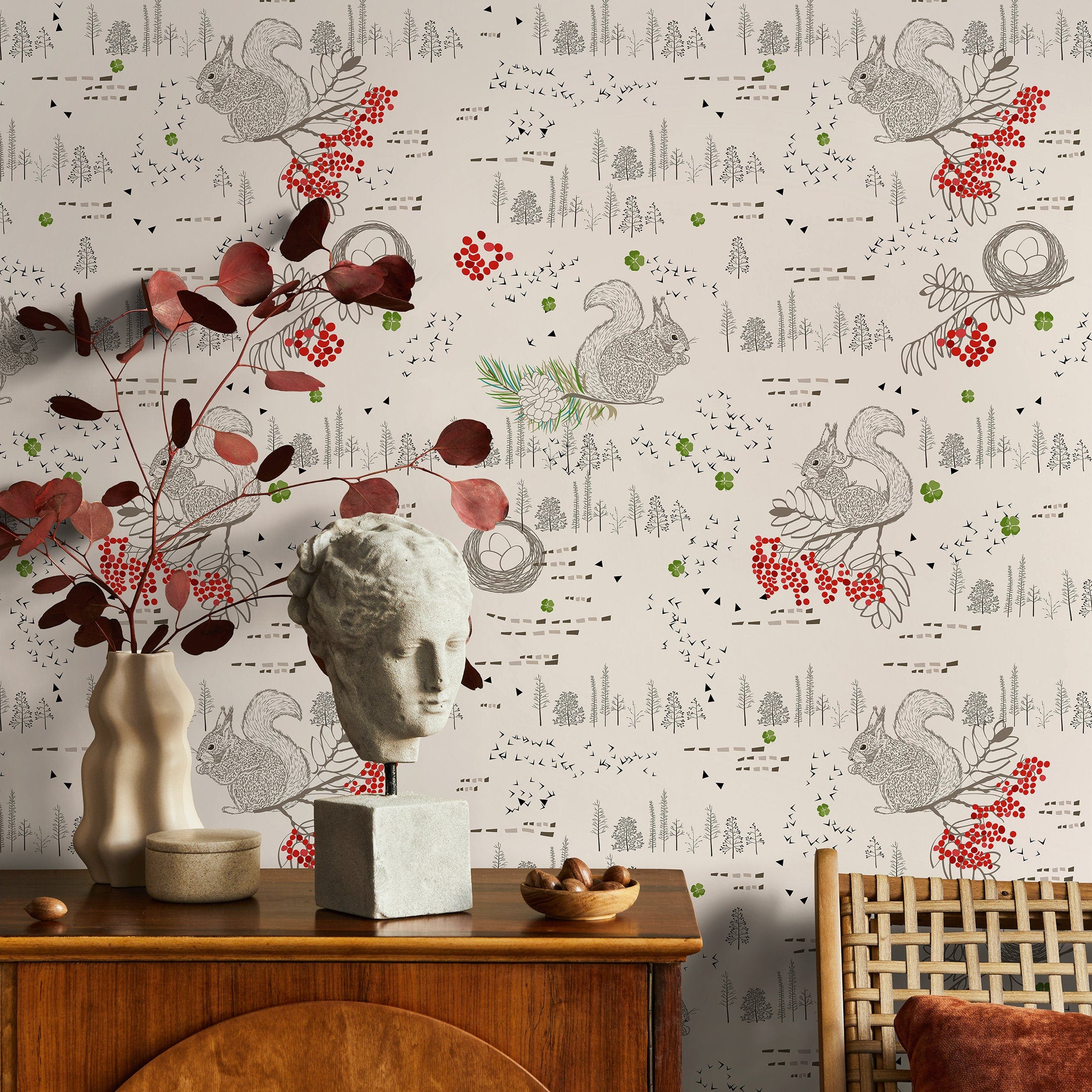 Woodland Wallpaper With Squirrels And Red Berries In Red, Grey, And Green - B289