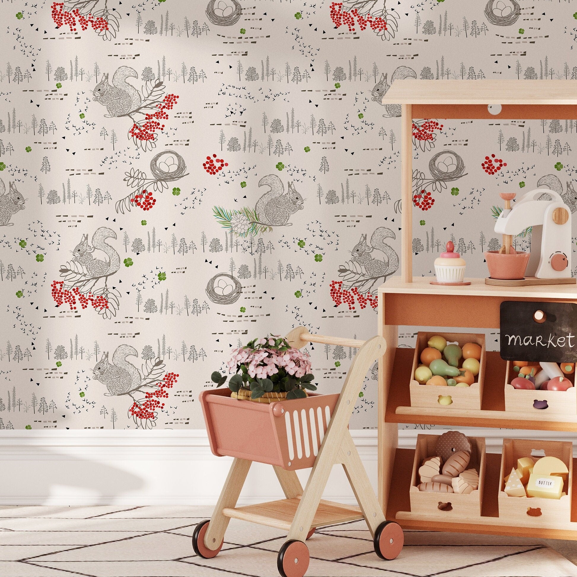 Woodland Wallpaper With Squirrels And Red Berries In Red, Grey, And Green - B289