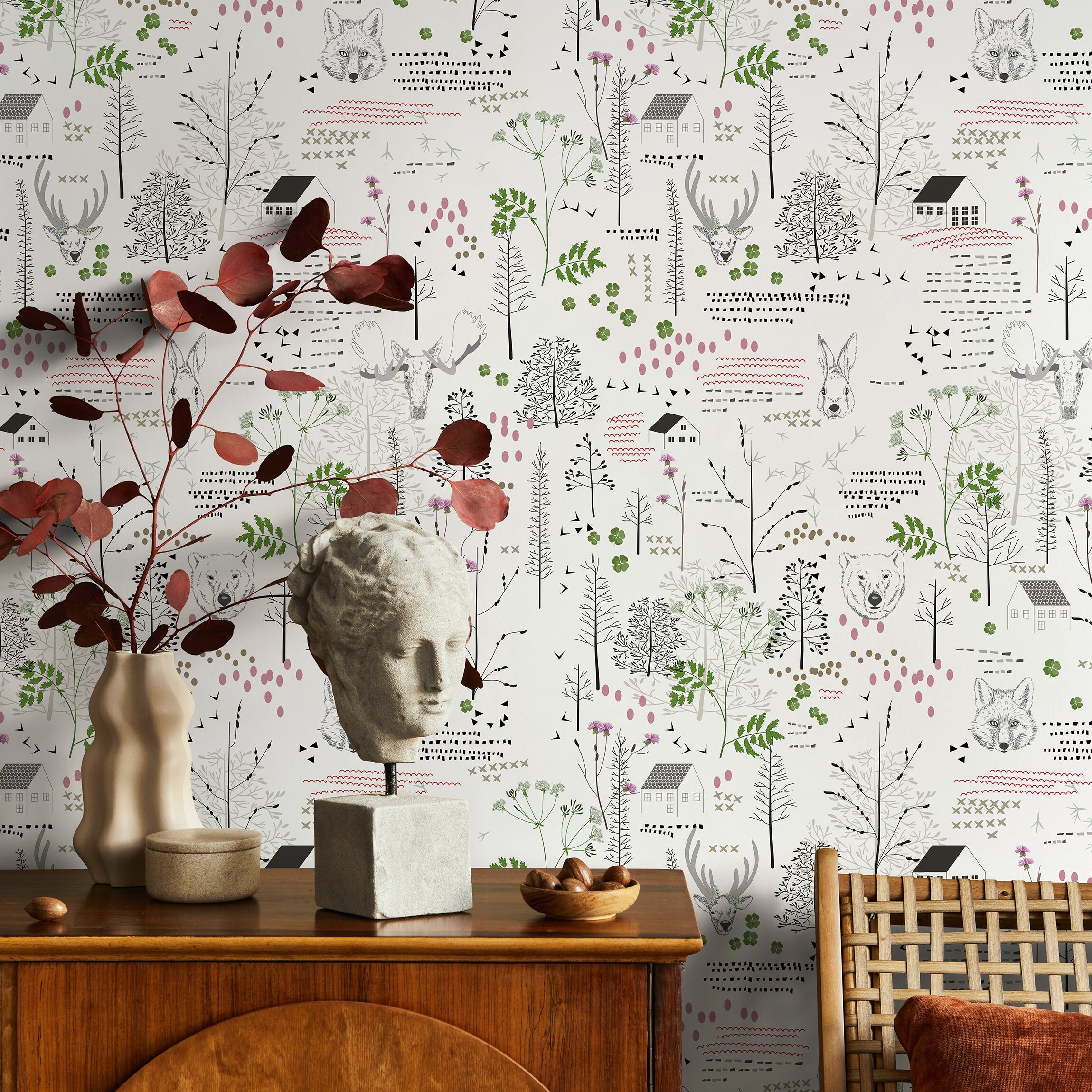 Woodland Wallpaper With Folk Art Forest Animals In Black, Green, And Pink - B290