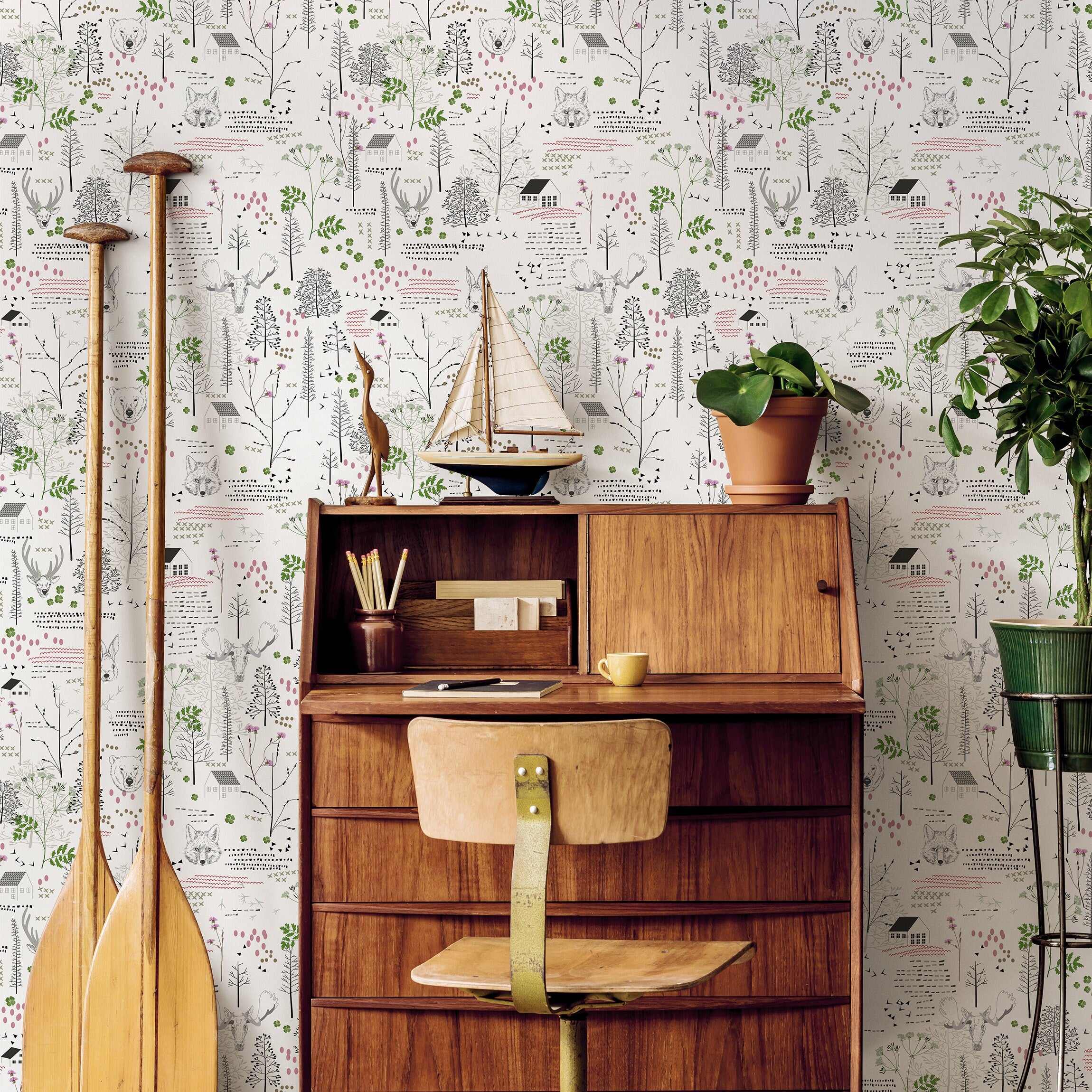 Woodland Wallpaper With Folk Art Forest Animals In Black, Green, And Pink - B290