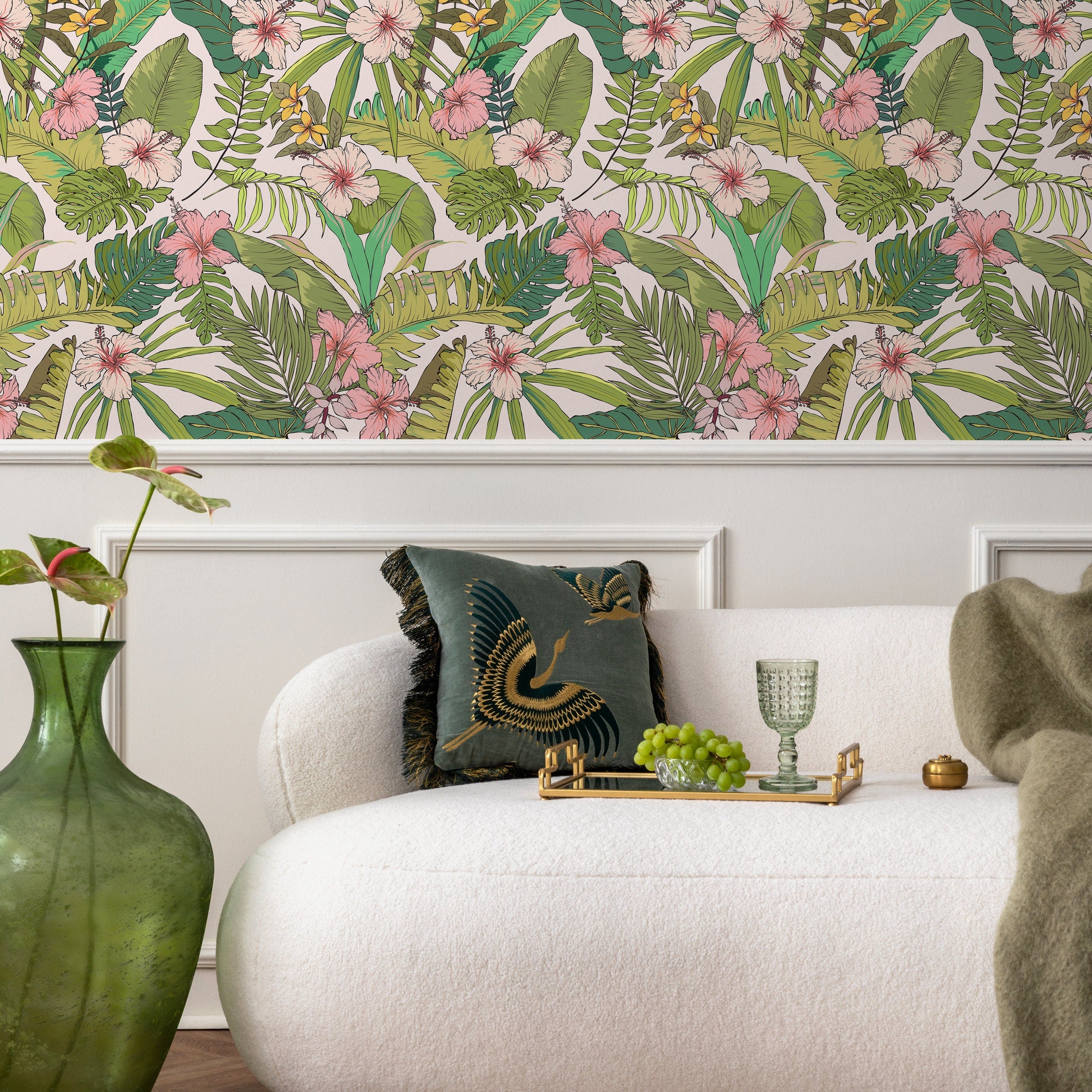 Tropical Wallpaper With Hibiscus And Palm Leaves In Pink, Green, And Yellow - B291