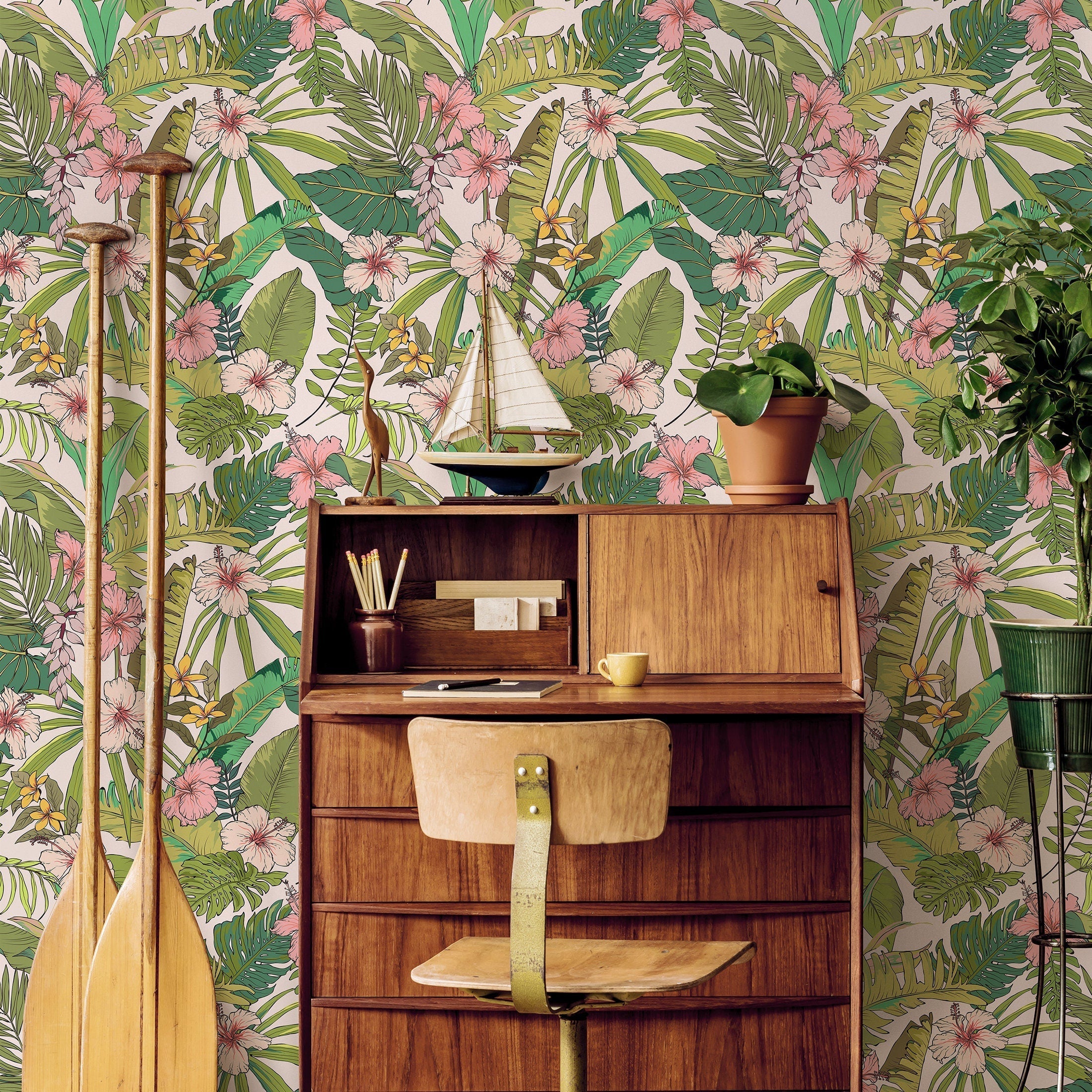 Tropical Wallpaper With Hibiscus And Palm Leaves In Pink, Green, And Yellow - B291
