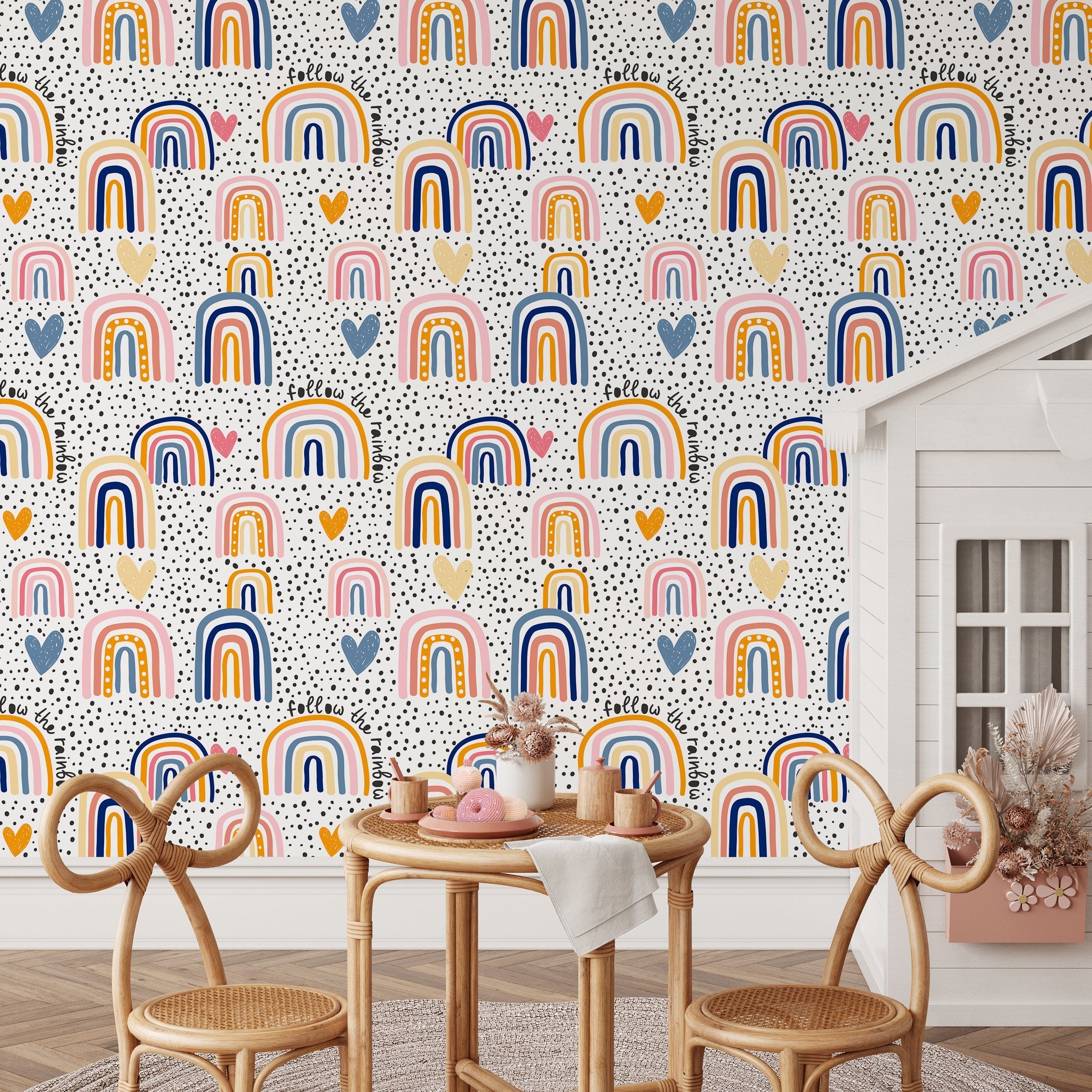 Kids Wallpaper With Hand-drawn Rainbows And Hearts In Pink, Blue, And Orange - B299