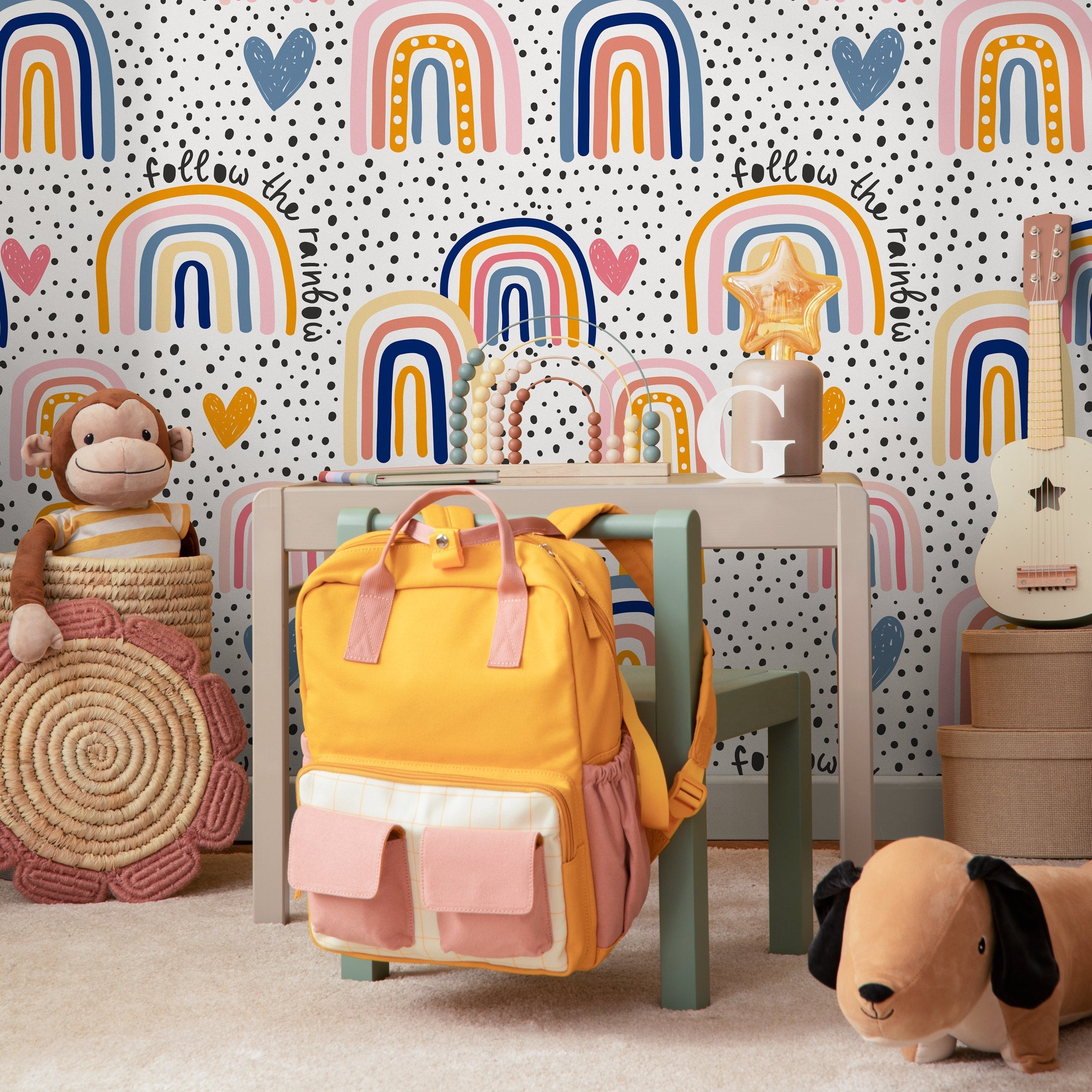 Kids Wallpaper With Hand-drawn Rainbows And Hearts In Pink, Blue, And Orange - B299