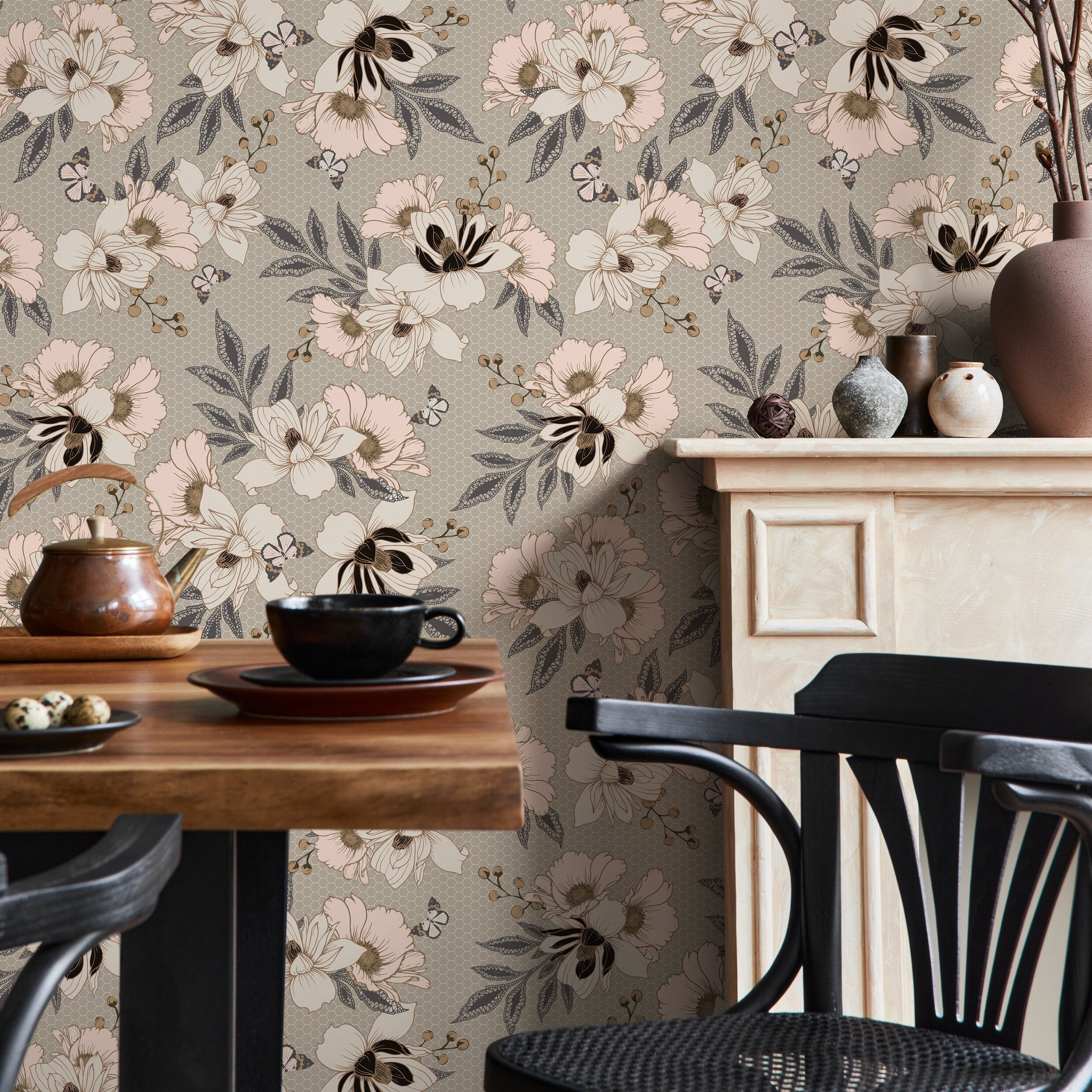 Floral Wallpaper With Vintage Anemones In Pink, Black, And Grey - B300