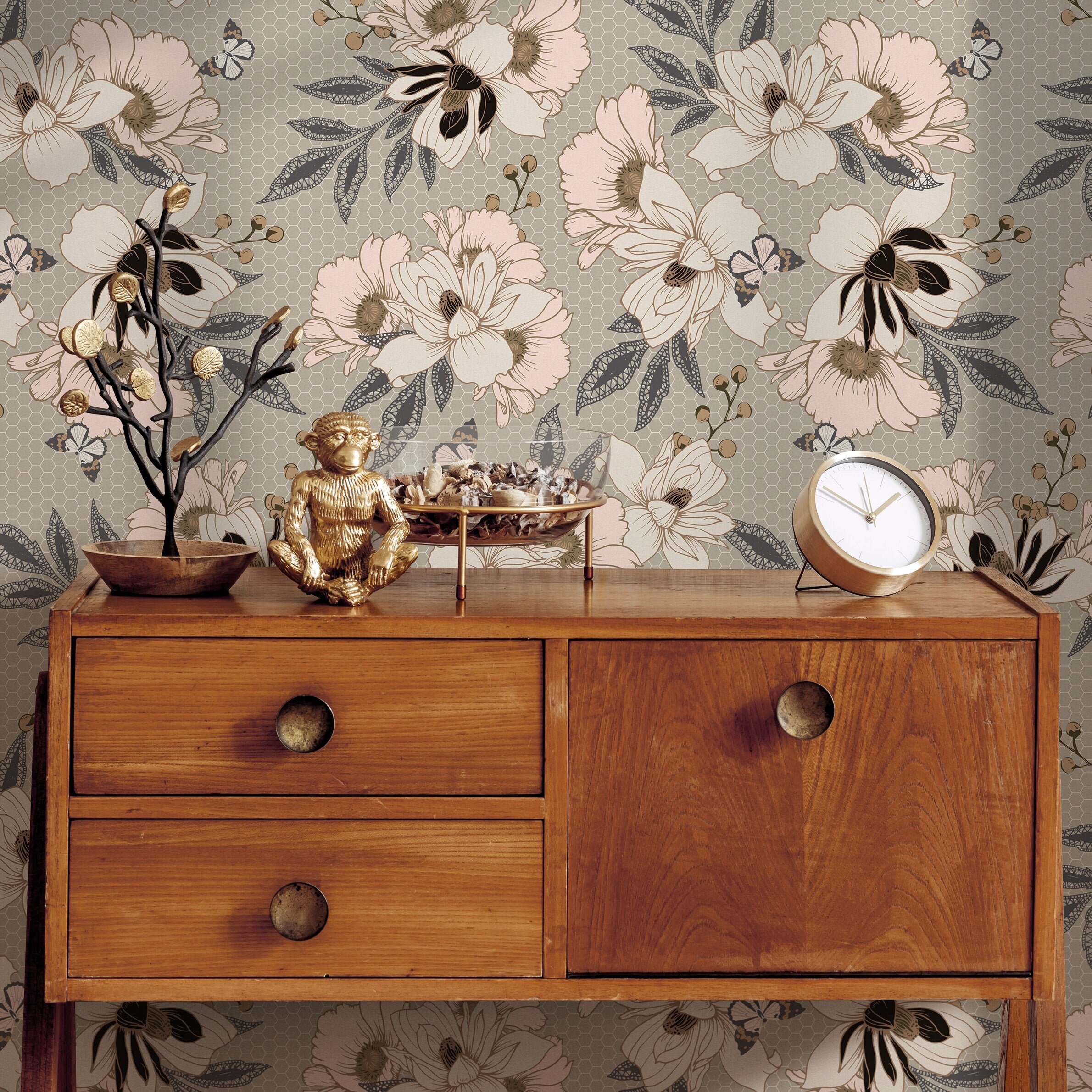 Floral Wallpaper With Vintage Anemones In Pink, Black, And Grey - B300