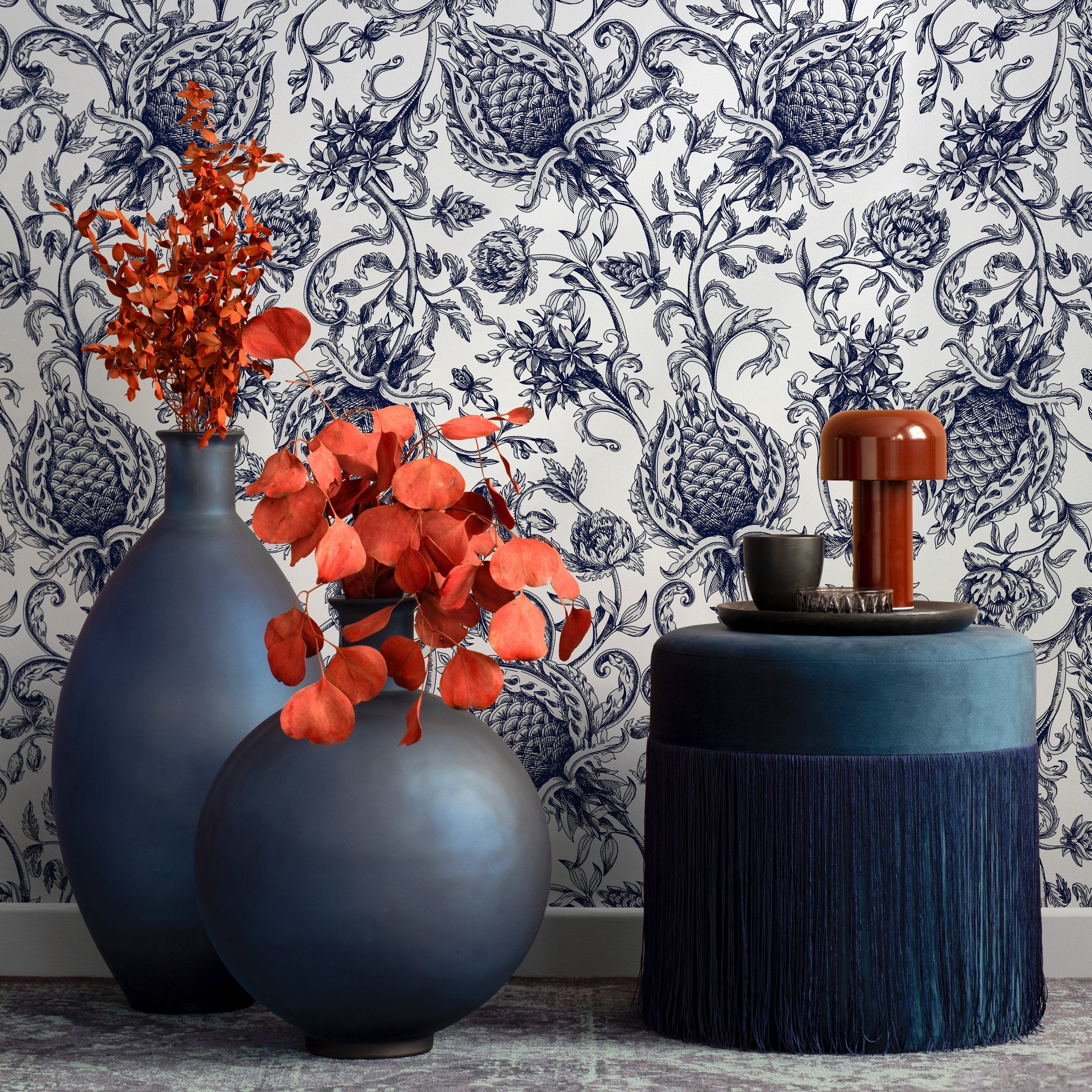 Vintage Floral Wallpaper With A Damask Motif In Navy Blue - B310