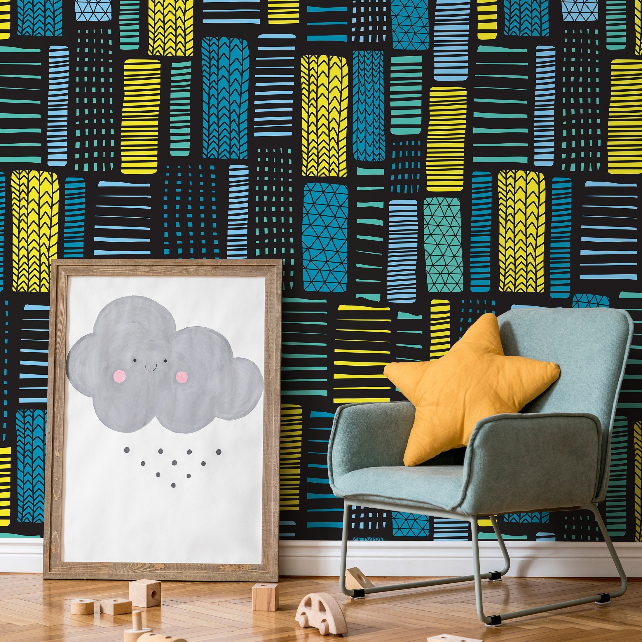 Geometric Wallpaper With Abstract Tribal Blocks In Yellow, Blue, And Teal - B319