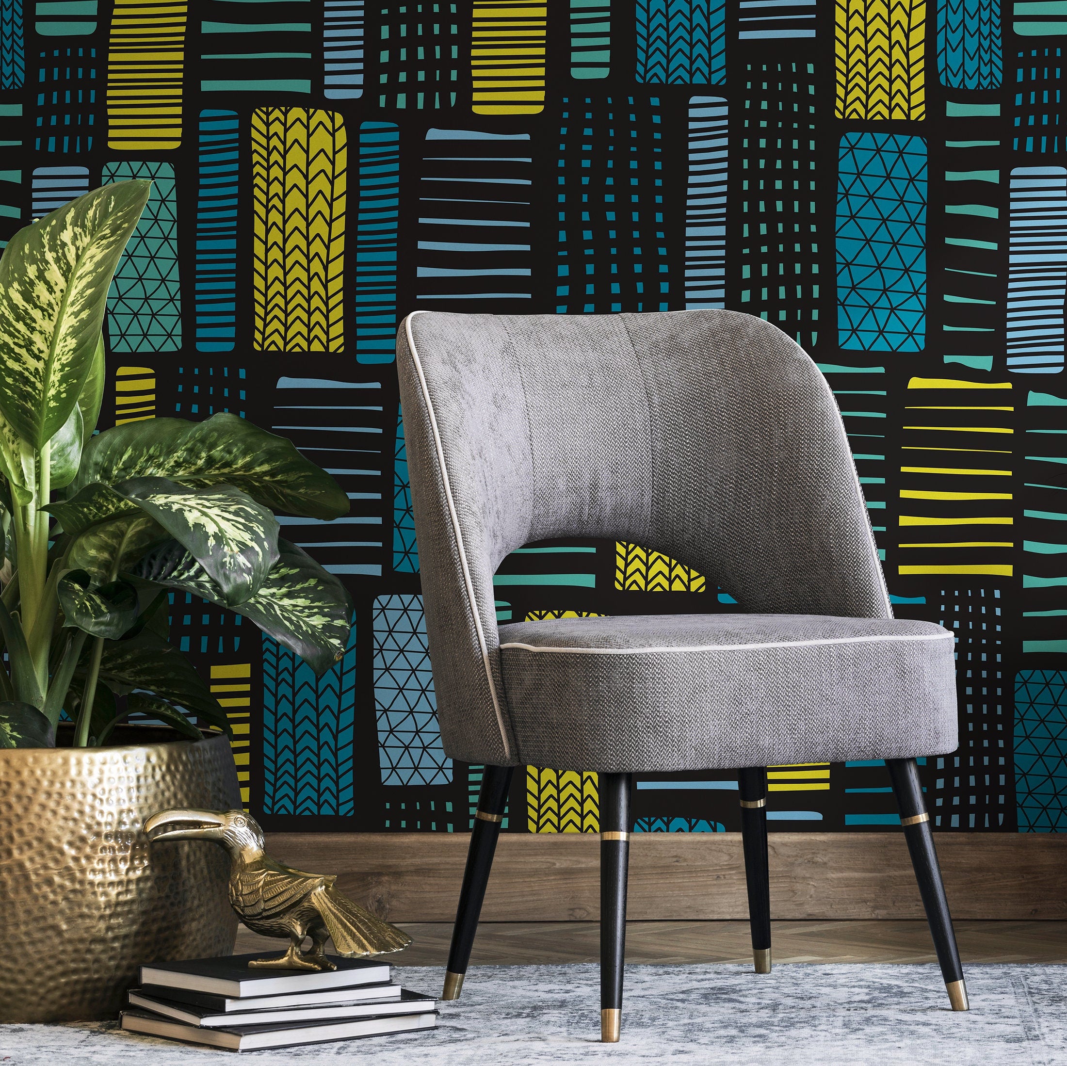 Geometric Wallpaper With Abstract Tribal Blocks In Yellow, Blue, And Teal - B319