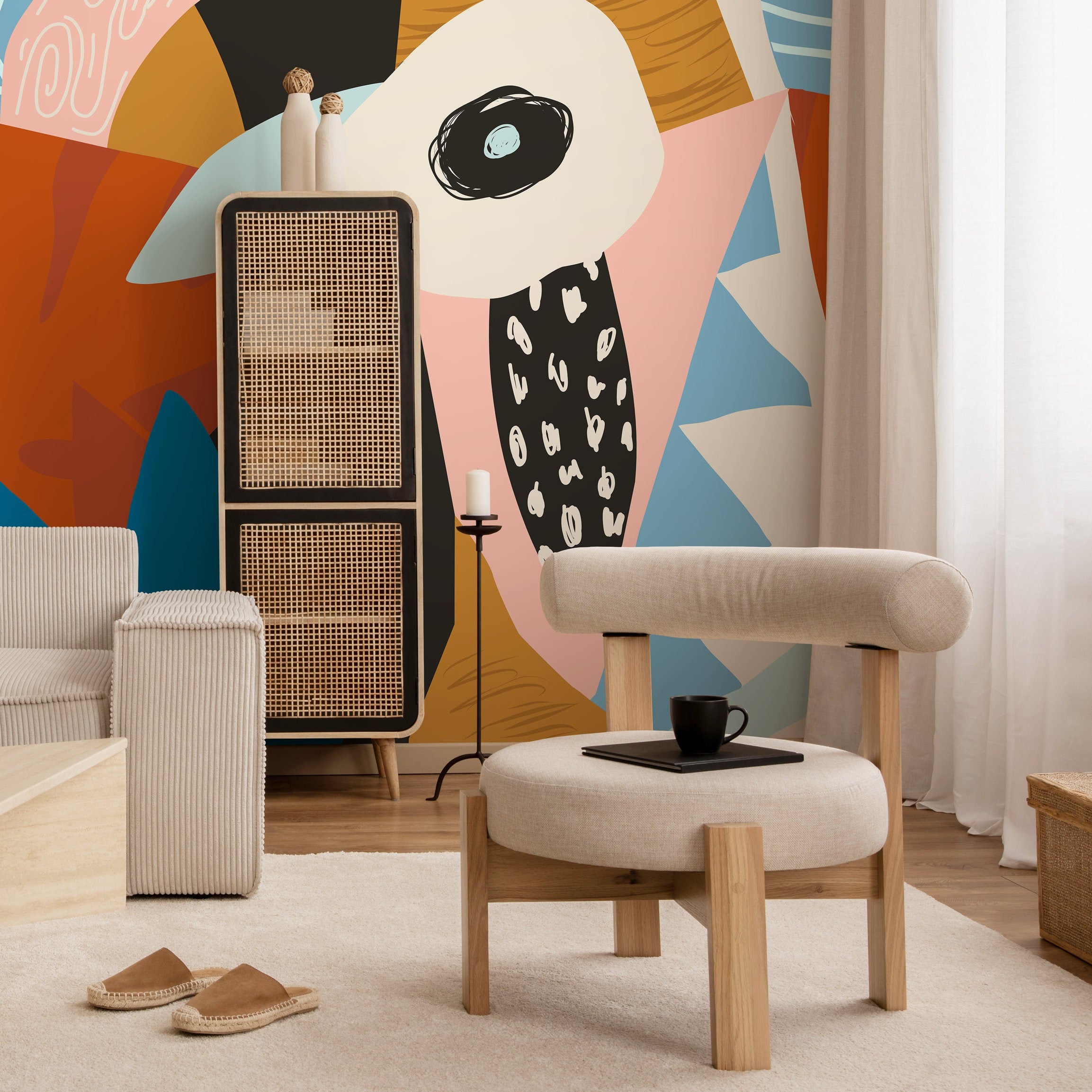 Abstract Wallpaper With Large Scale Abstract Forms In Orange, Blue, And Black - D995