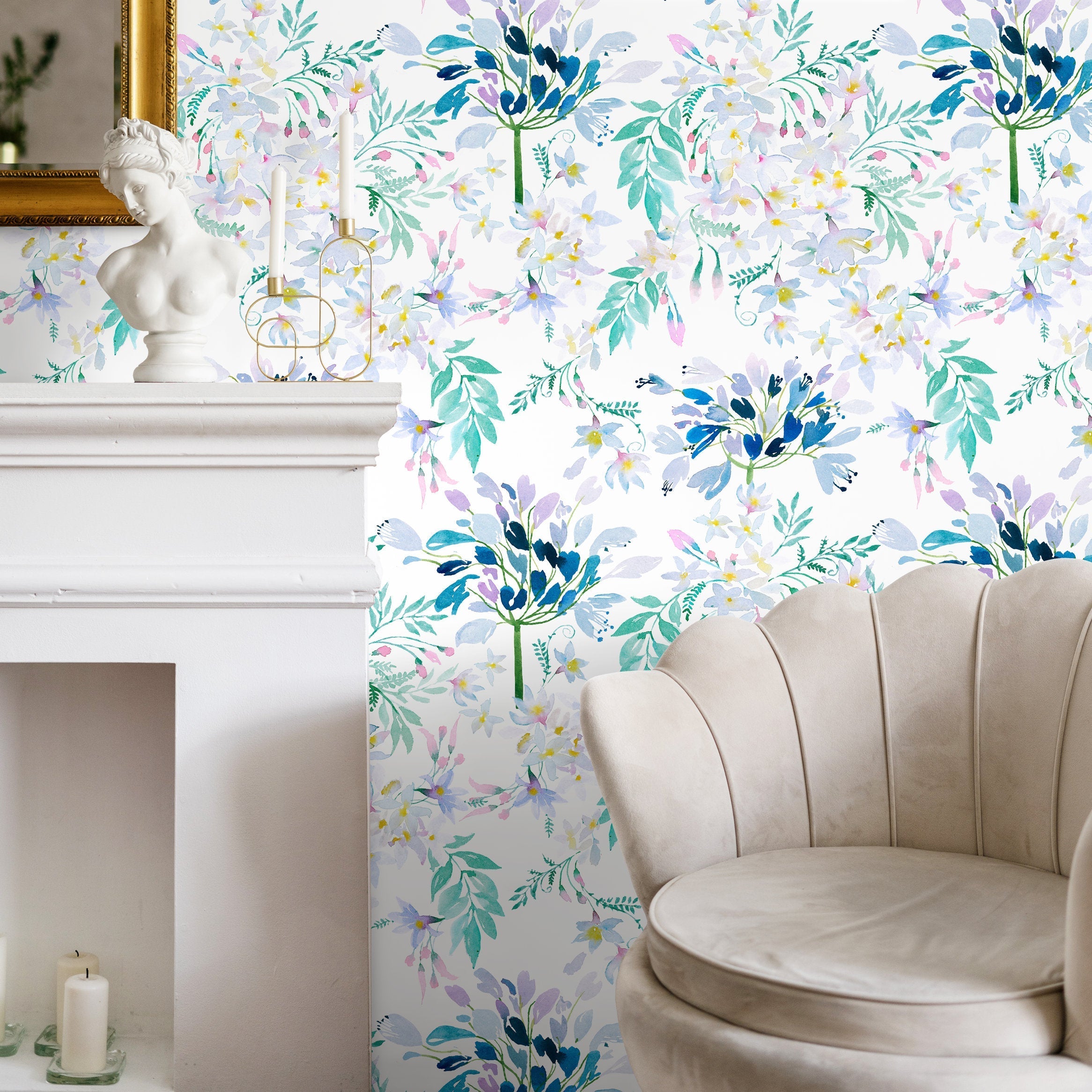 Floral Wallpaper With A Watercolor Botanical Motif In Blue, Green, And Purple - B333