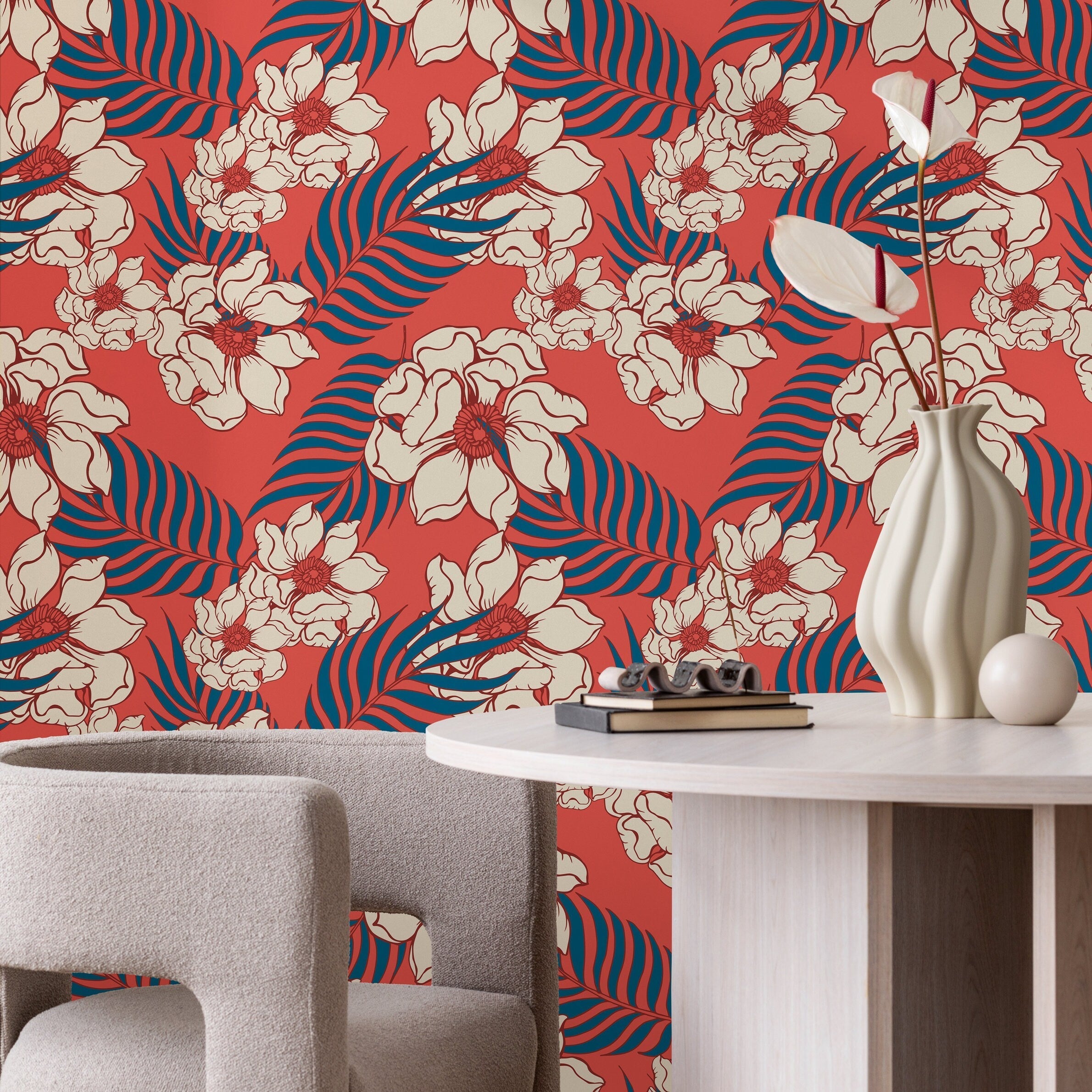 Tropical Wallpaper With Hawaiian Flowers And Palm Leaves In Red, Teal, And Beige - B334