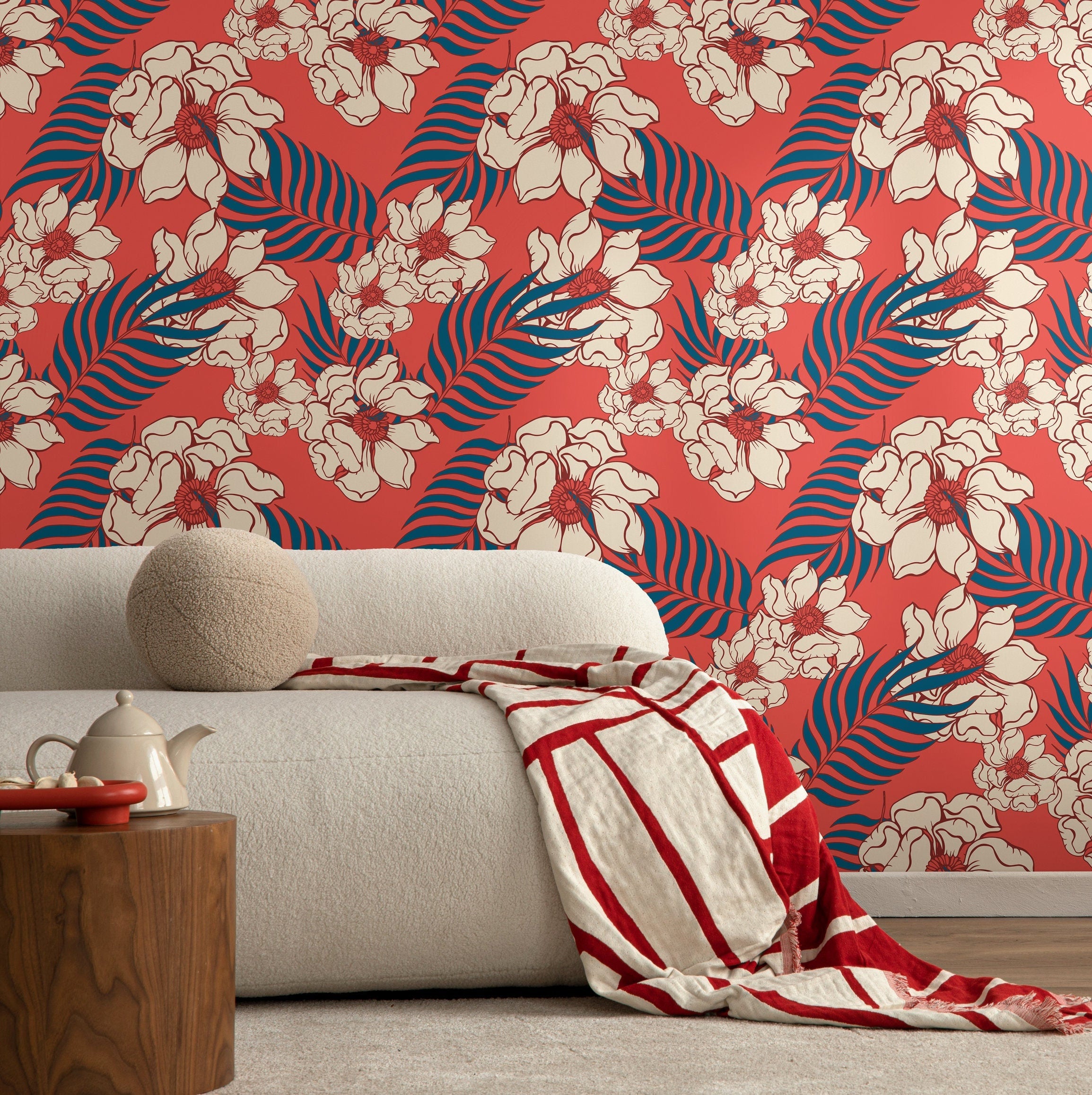 Tropical Wallpaper With Hawaiian Flowers And Palm Leaves In Red, Teal, And Beige - B334