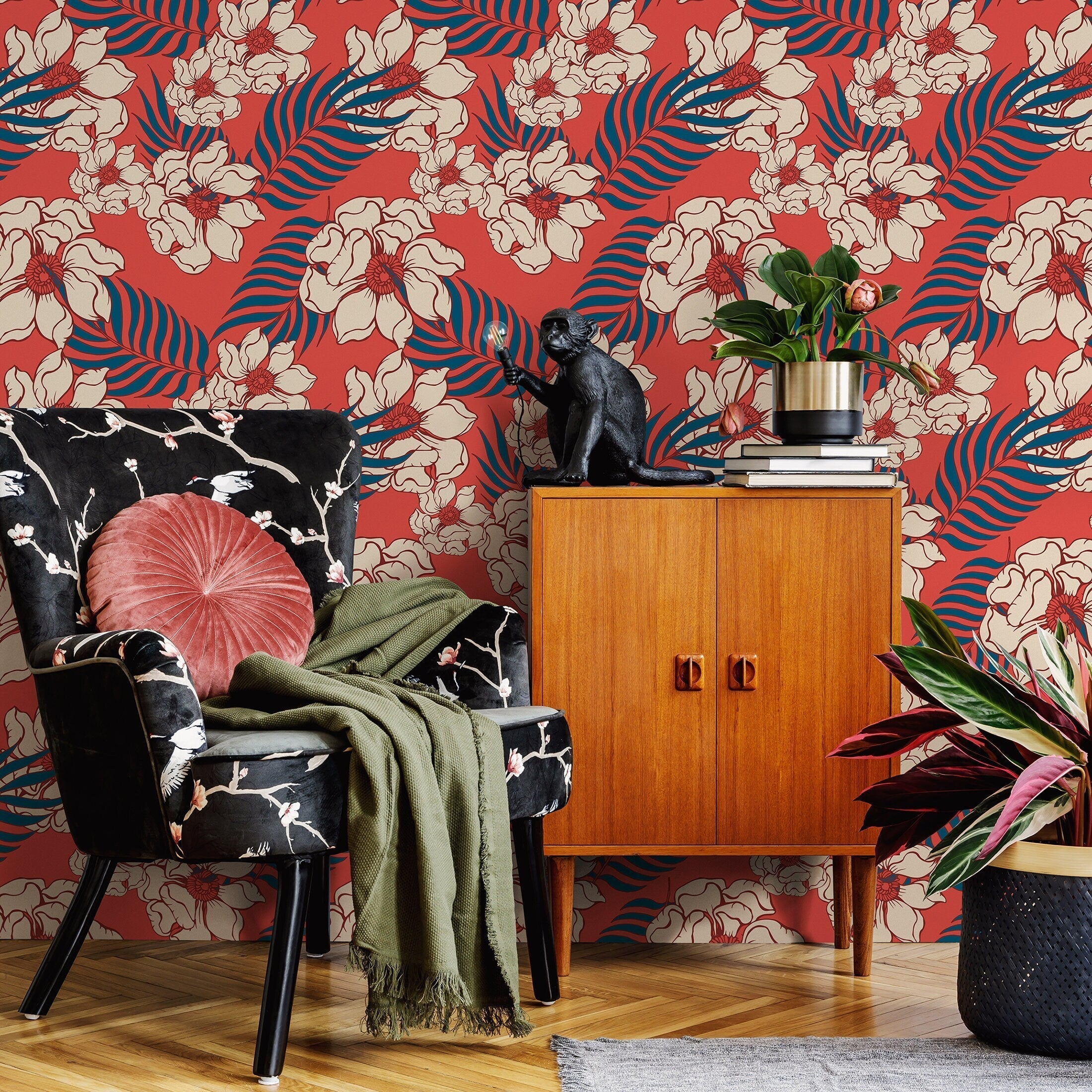 Tropical Wallpaper With Hawaiian Flowers And Palm Leaves In Red, Teal, And Beige - B334