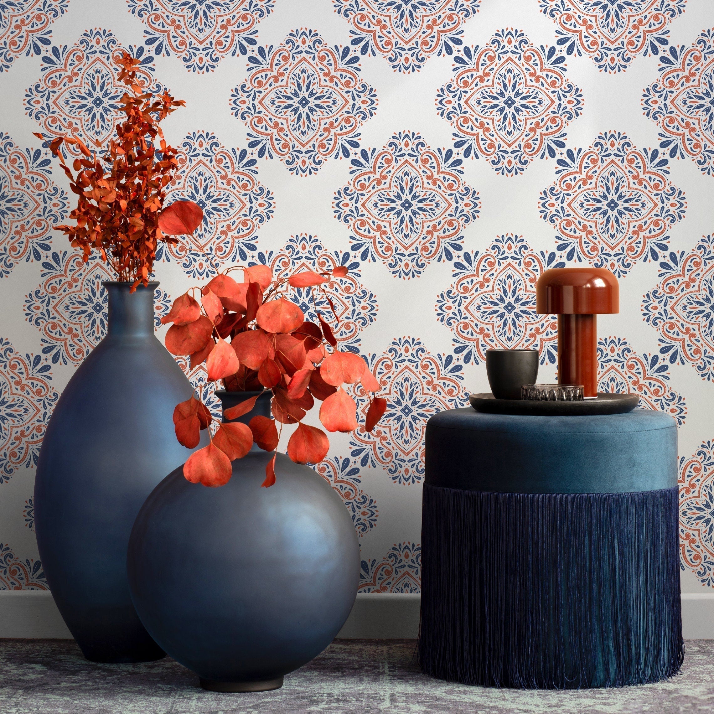 Damask Wallpaper With An Intricate Medallion Motif In Blue And Orange - B335