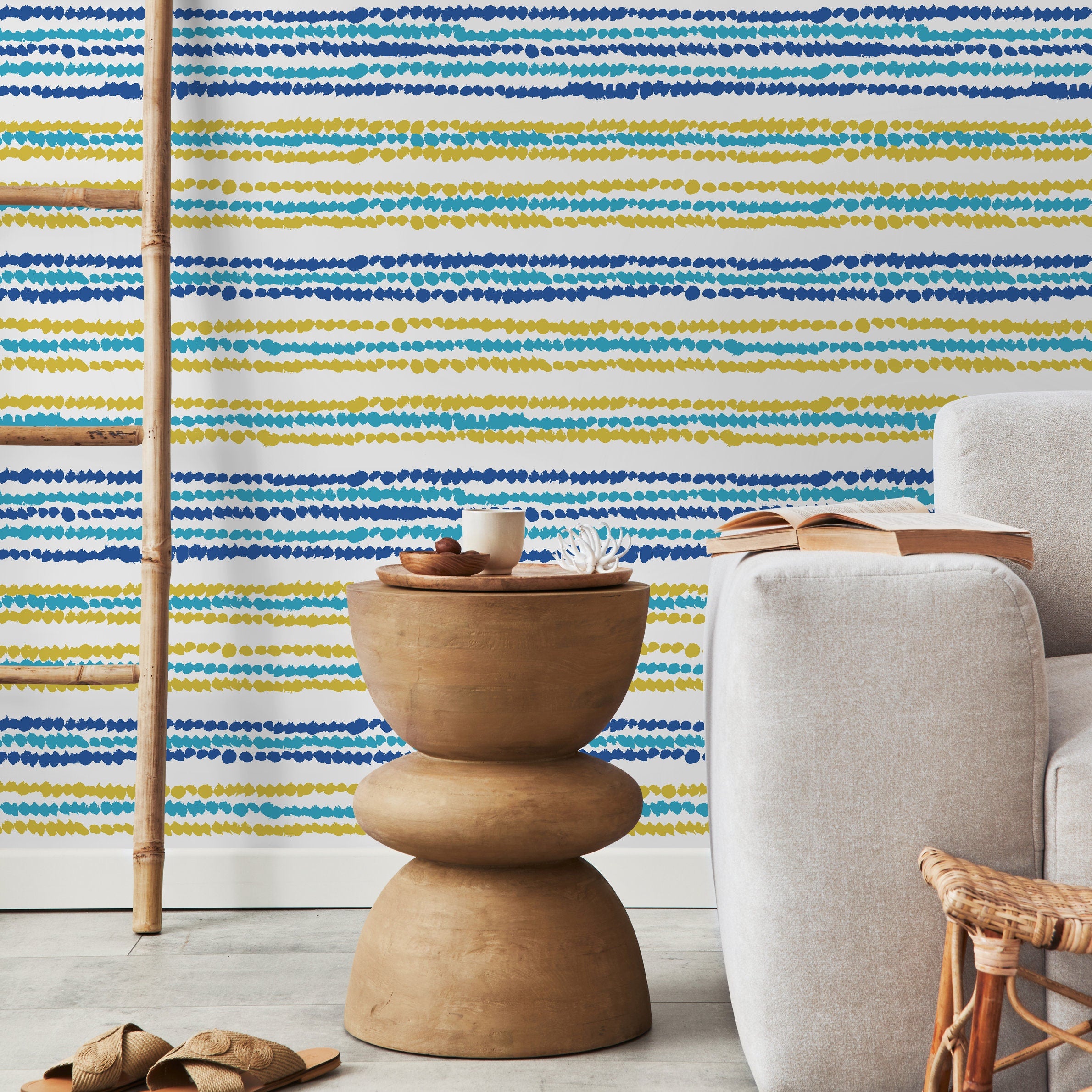 Abstract Wallpaper With Painted Dot Stripes In Blue, Yellow, And Teal - B346