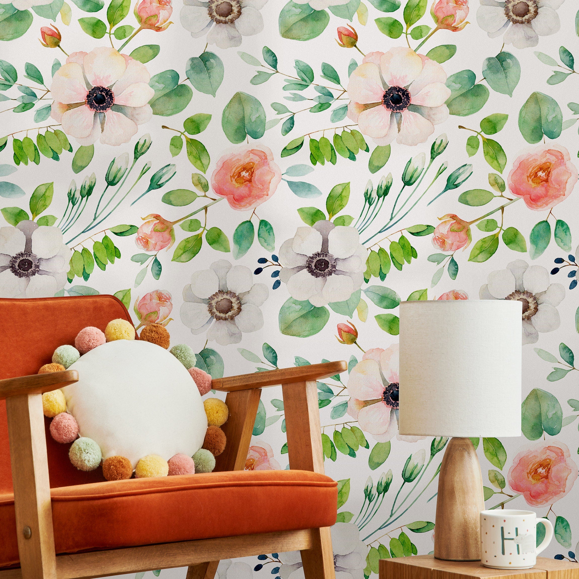 Floral Wallpaper With Watercolor Anemones In Pink And Green - B350
