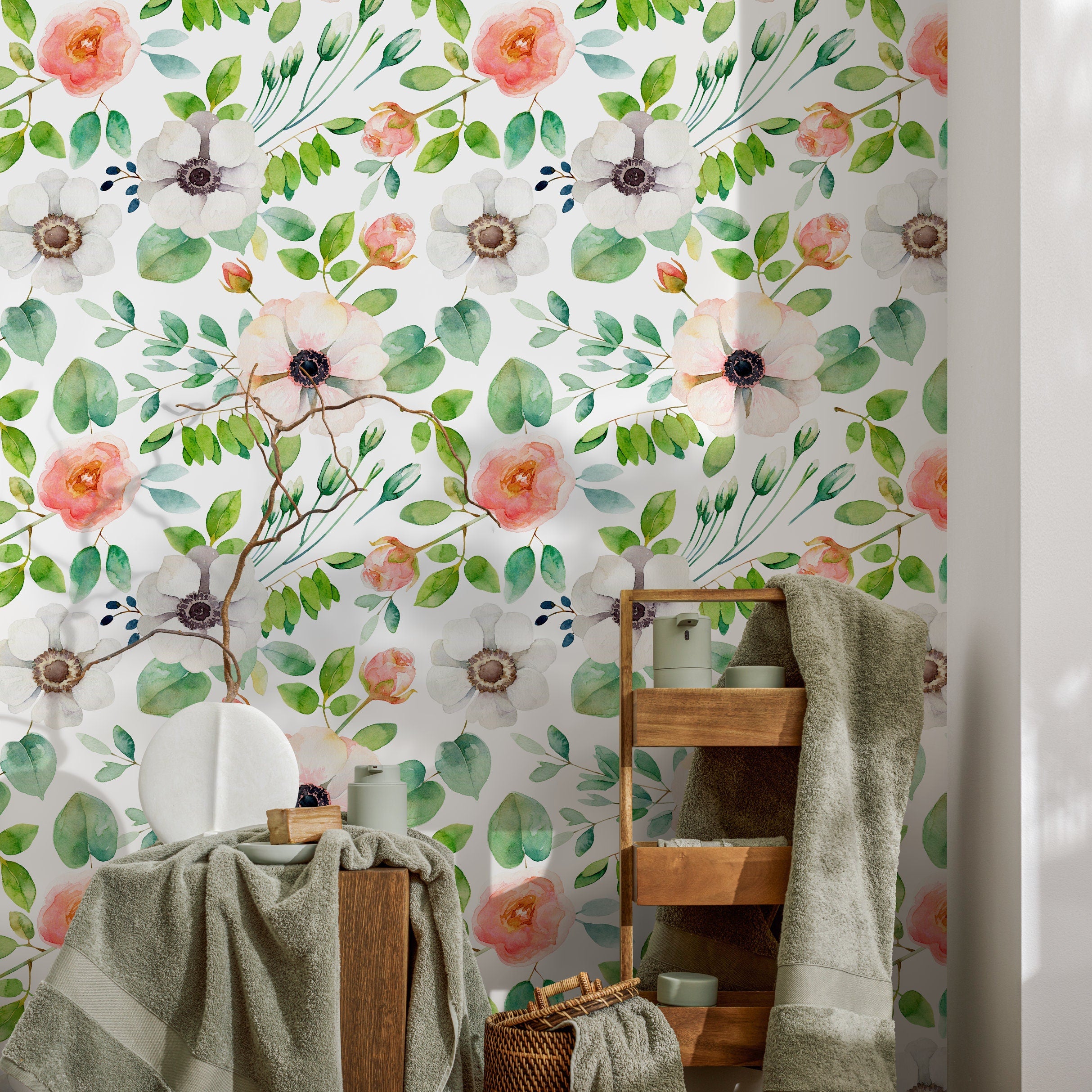 Floral Wallpaper With Watercolor Anemones In Pink And Green - B350
