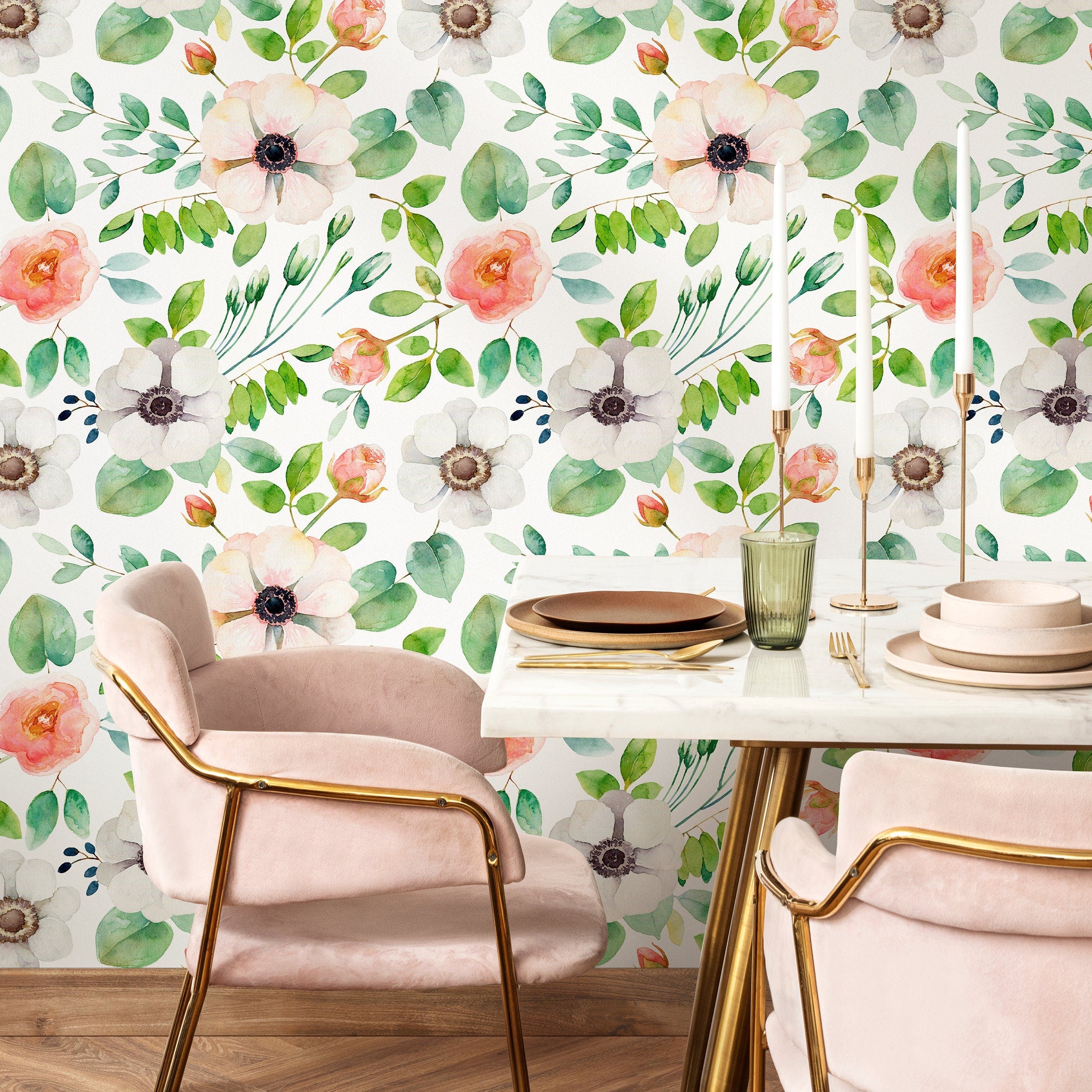 Floral Wallpaper With Watercolor Anemones In Pink And Green - B350