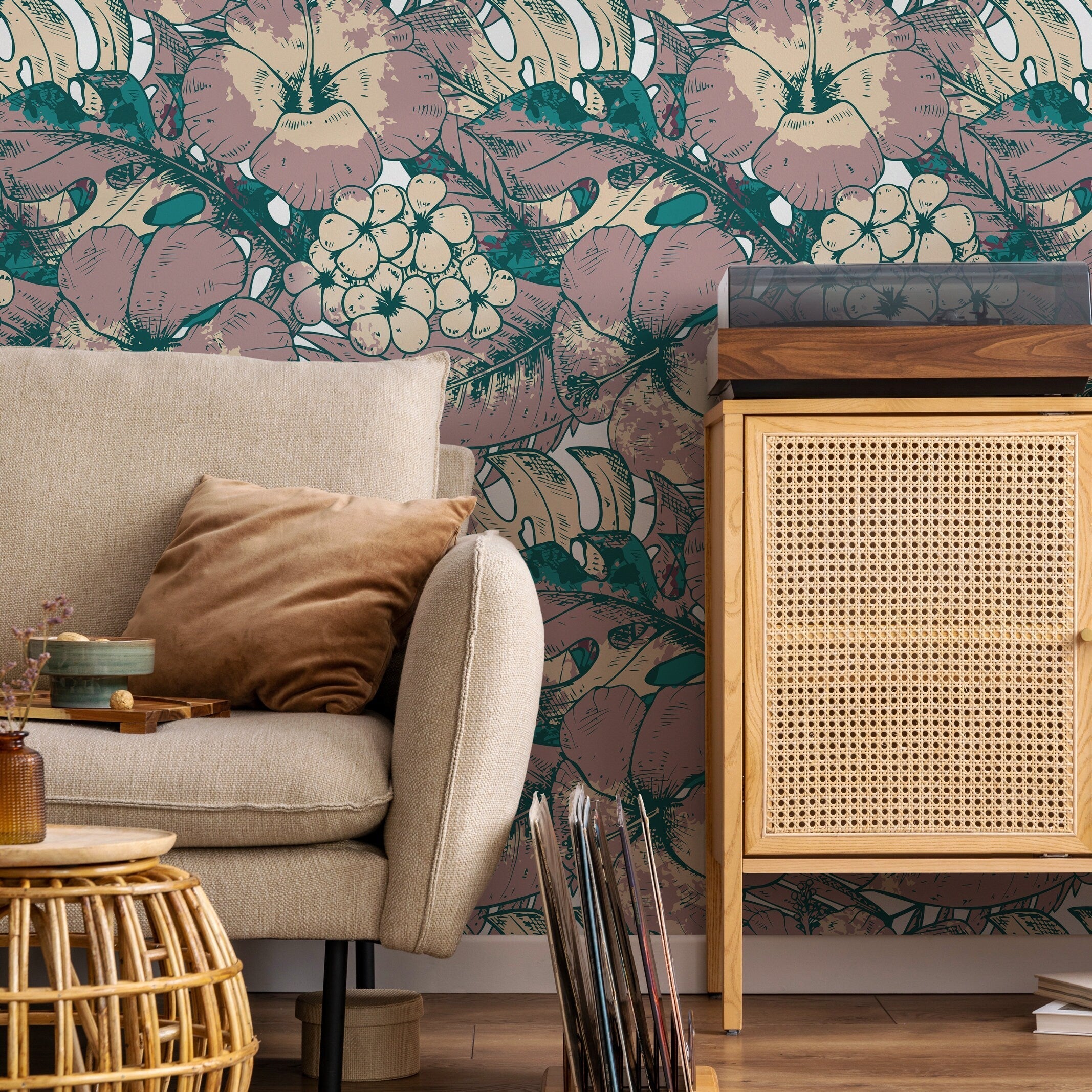 Tropical Wallpaper With Hibiscus And Monstera Leaves In Teal, Mauve, And Beige - B355